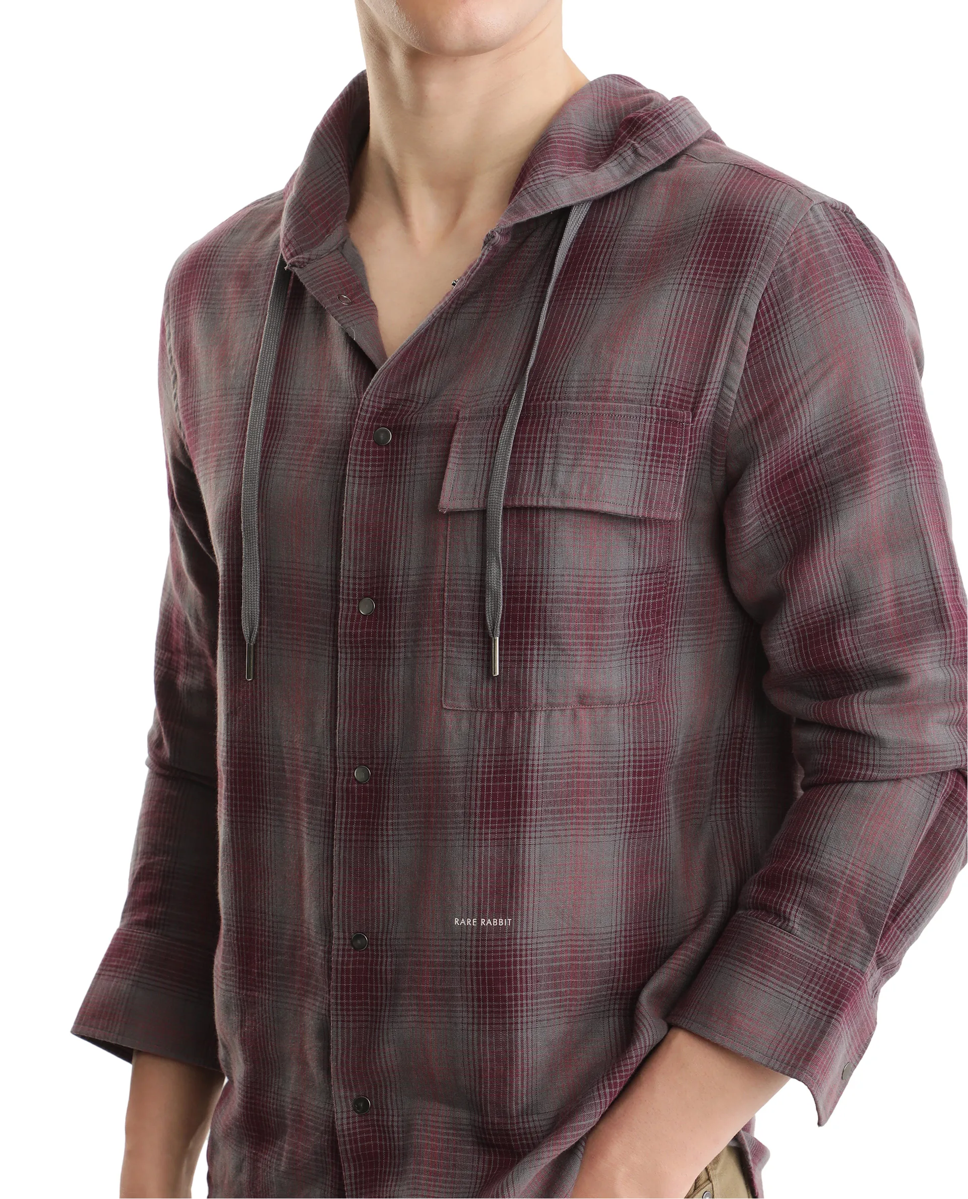 Rare Rabbit Men's Dartmouth Dusky Maroon Cotton Checked Print Oversized Fit Full Sleeve Hooded Shirt - Image 3