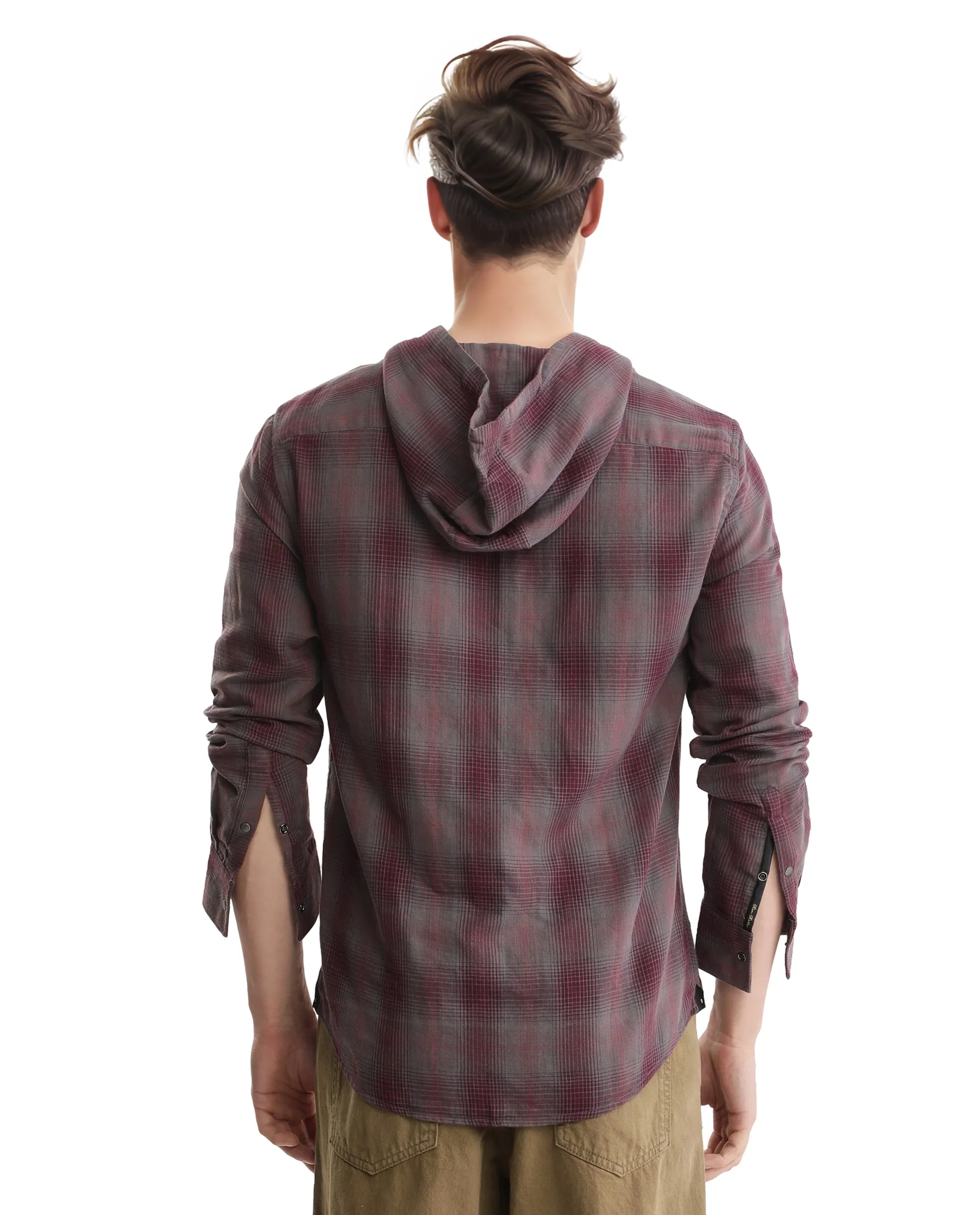 Rare Rabbit Men's Dartmouth Dusky Maroon Cotton Checked Print Oversized Fit Full Sleeve Hooded Shirt - Image 4