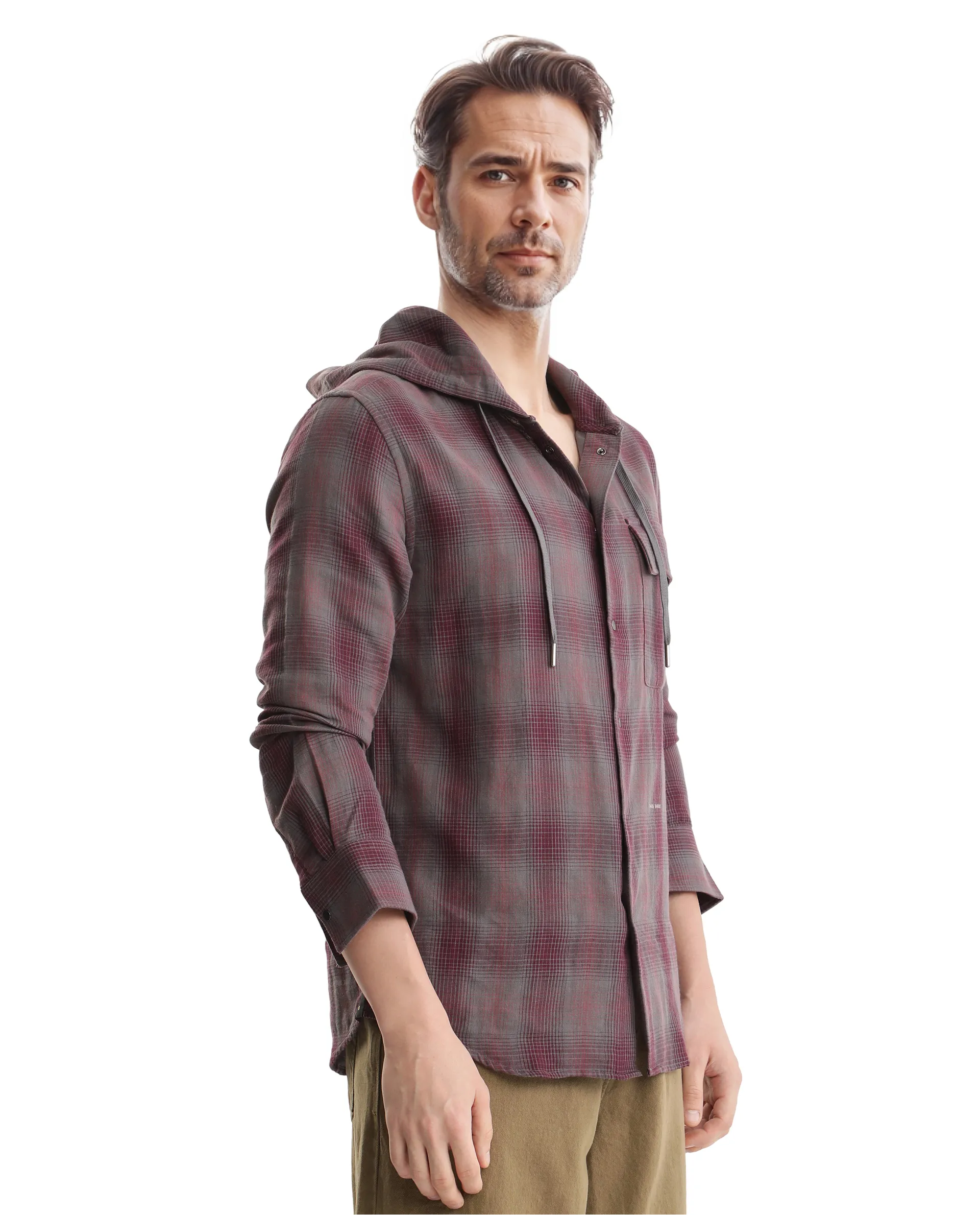 Rare Rabbit Men's Dartmouth Dusky Maroon Cotton Checked Print Oversized Fit Full Sleeve Hooded Shirt - Image 5