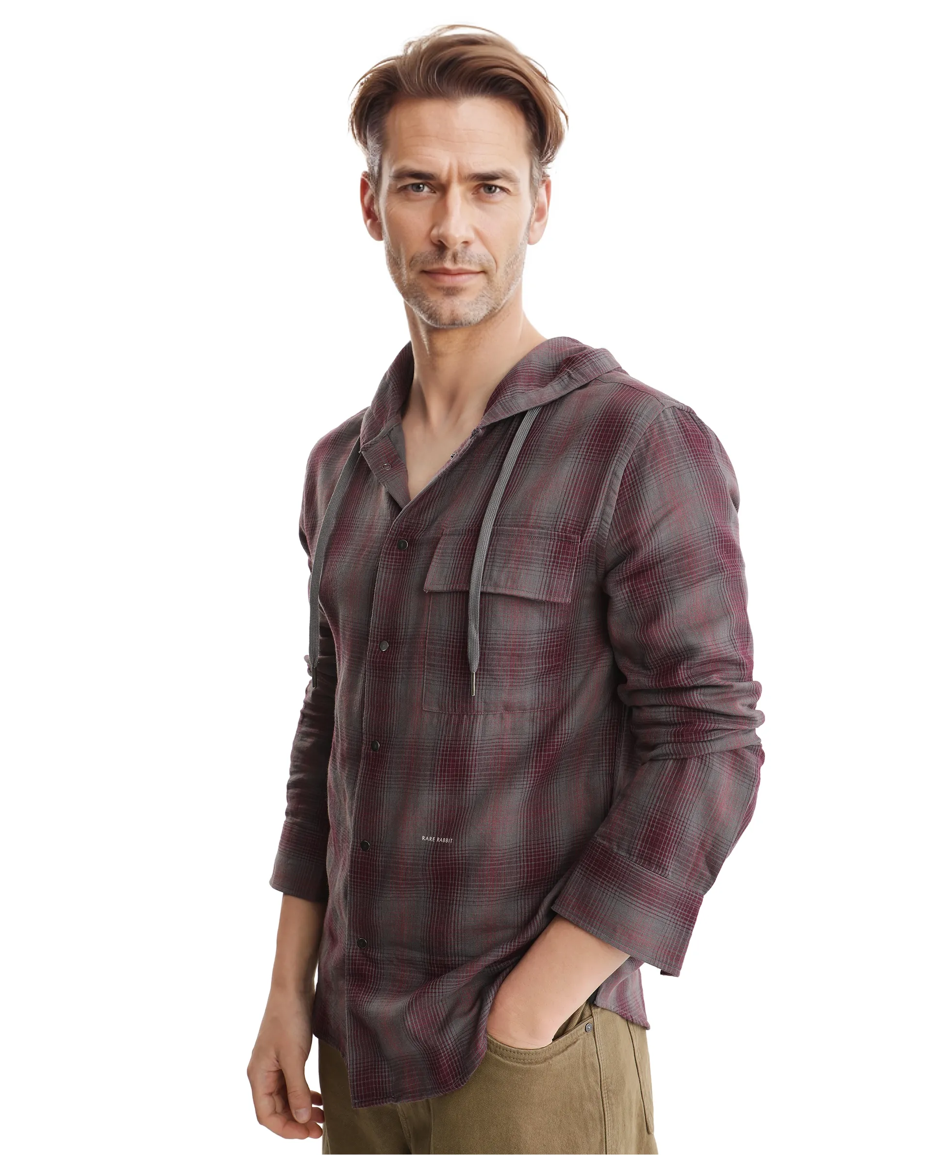 Rare Rabbit Men's Dartmouth Dusky Maroon Cotton Checked Print Oversized Fit Full Sleeve Hooded Shirt - Image 6