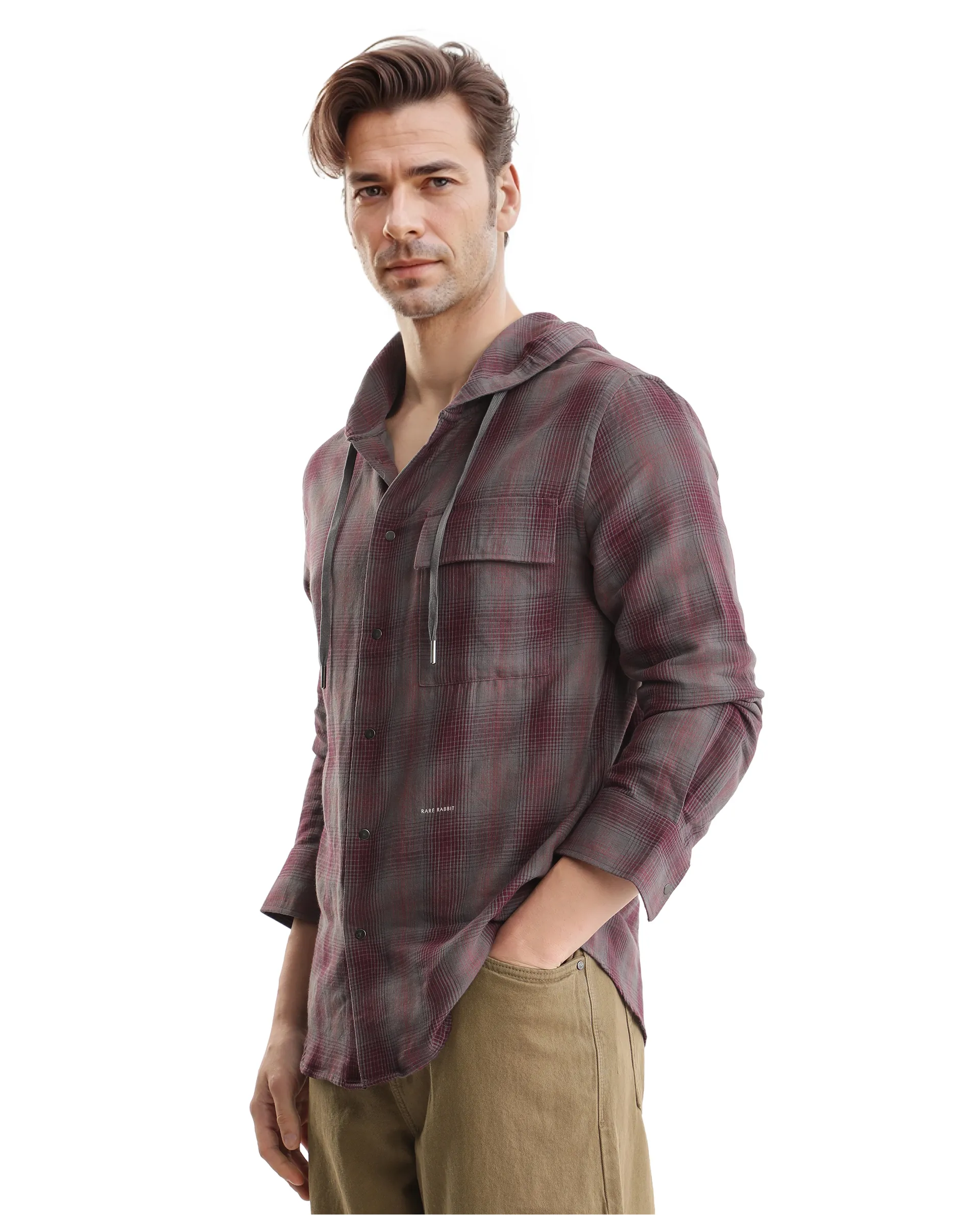 Rare Rabbit Men's Dartmouth Dusky Maroon Cotton Checked Print Oversized Fit Full Sleeve Hooded Shirt - Image 7