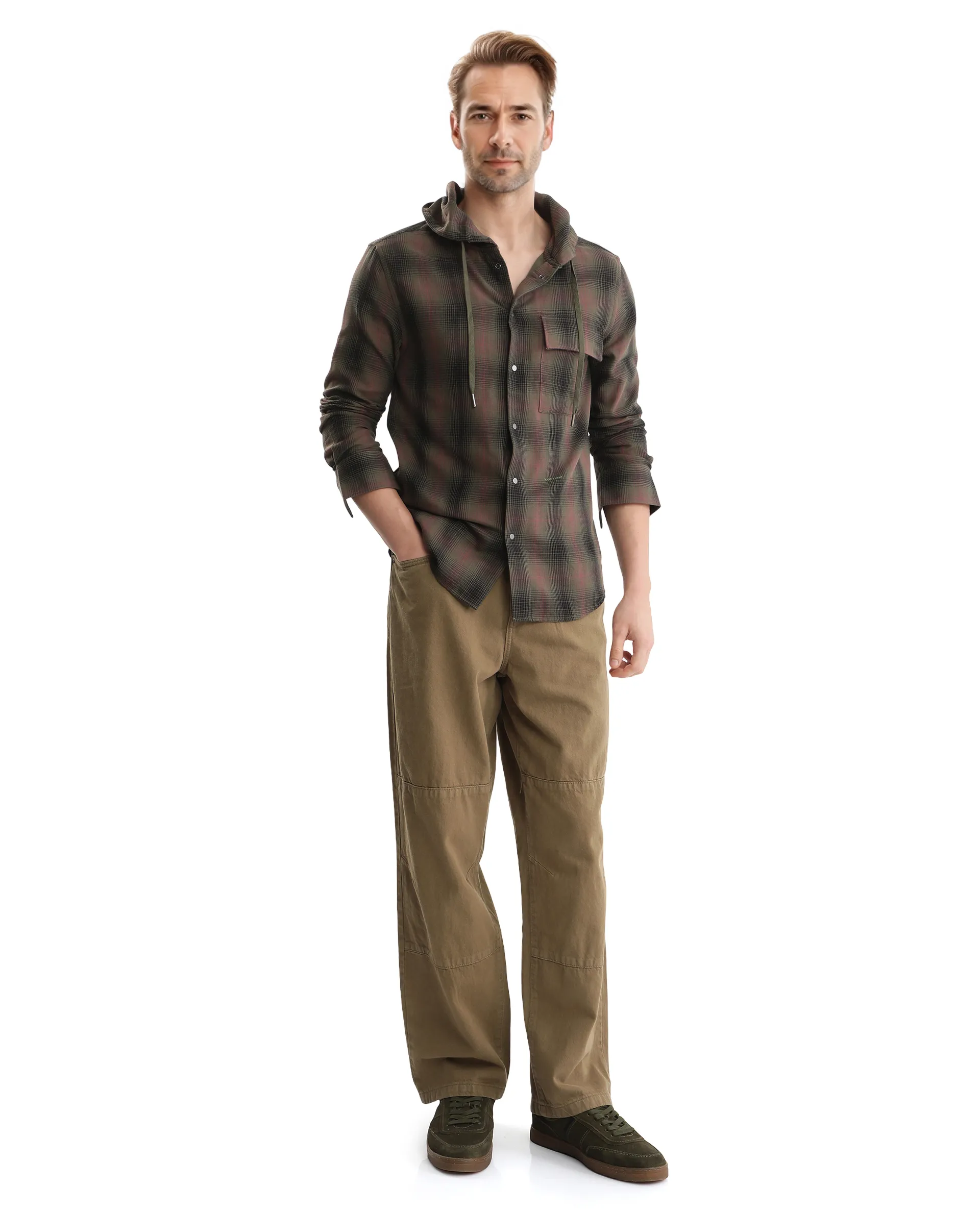 Rare Rabbit Men's Dartmouth Dusky Olive Cotton Checked Print Oversized Fit Full Sleeve Hooded Shirt - Image 2