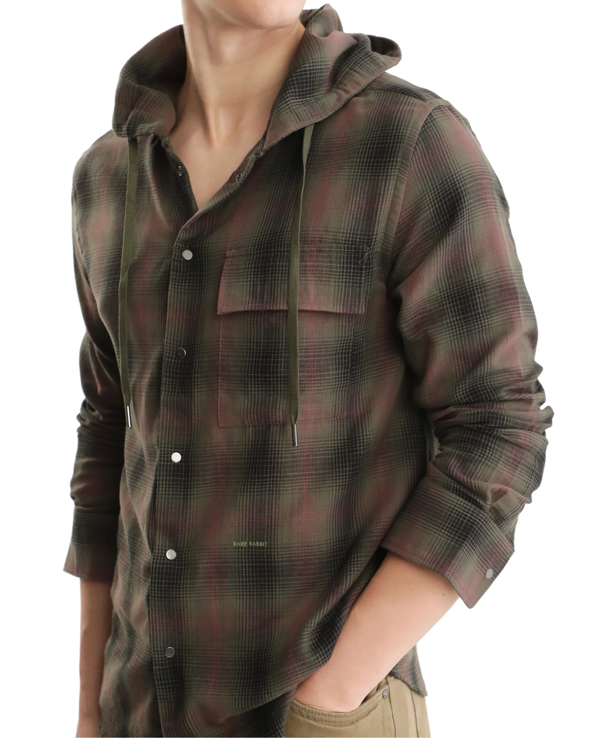 Rare Rabbit Men's Dartmouth Dusky Olive Cotton Checked Print Oversized Fit Full Sleeve Hooded Shirt - Image 3