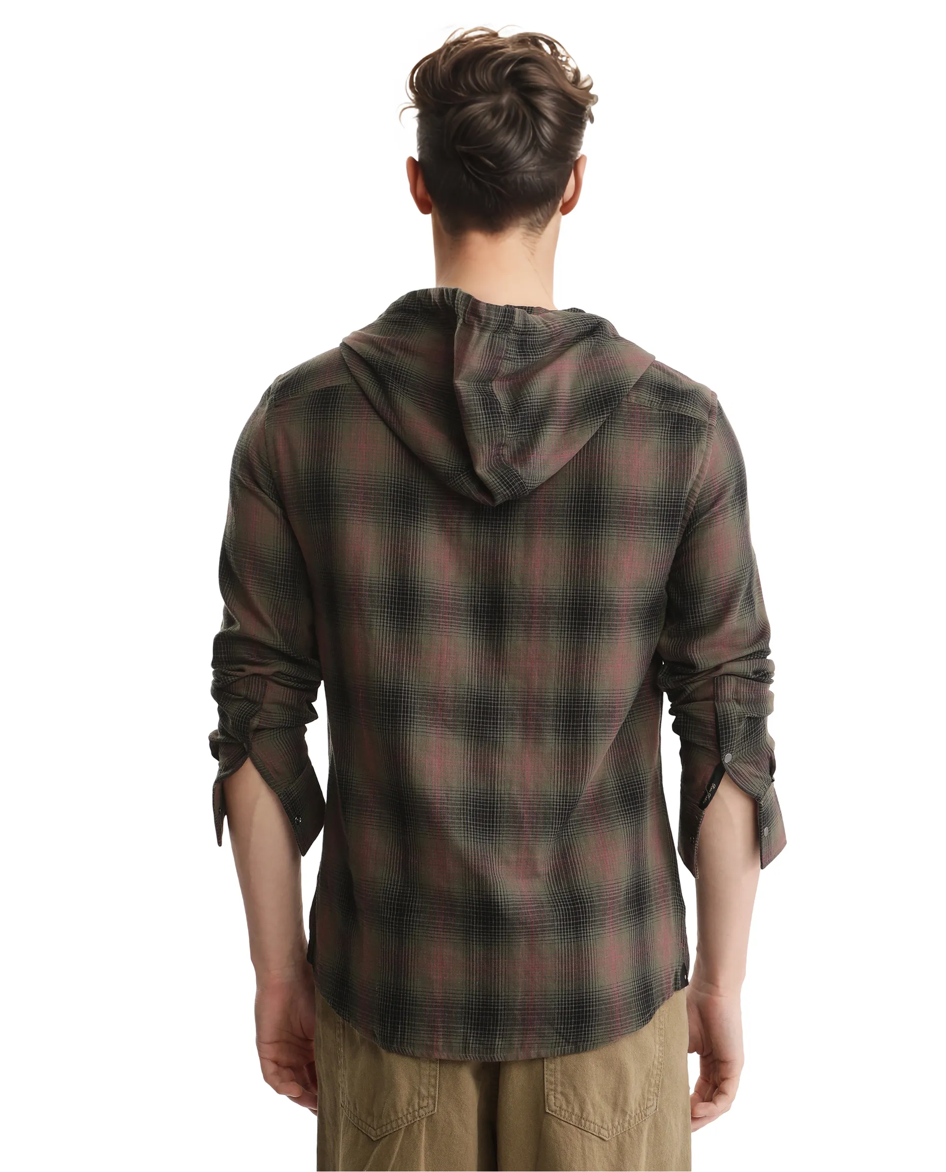 Rare Rabbit Men's Dartmouth Dusky Olive Cotton Checked Print Oversized Fit Full Sleeve Hooded Shirt - Image 4