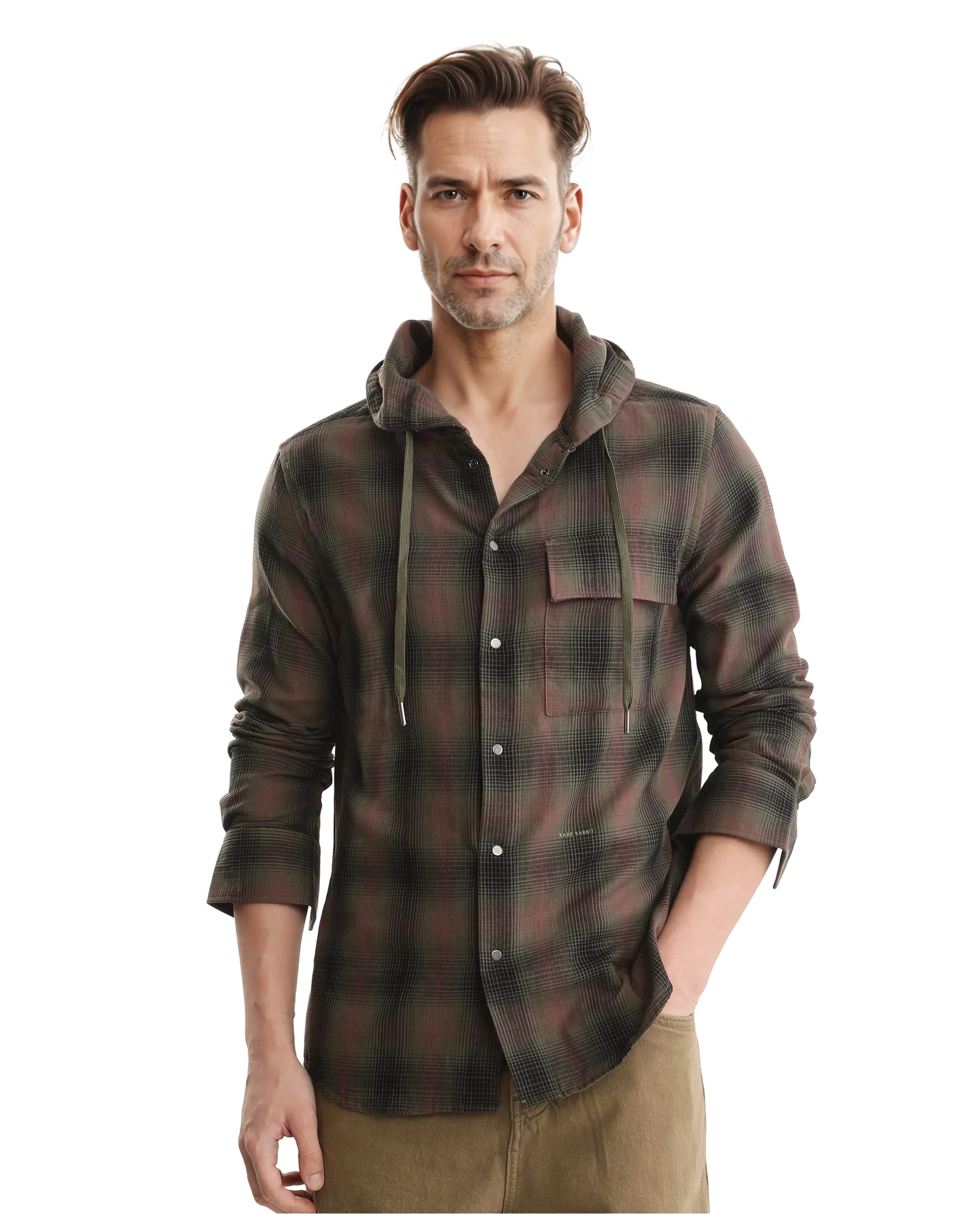 Rare Rabbit Men's Dartmouth Dusky Olive Cotton Checked Print Oversized Fit Full Sleeve Hooded Shirt - Image 6