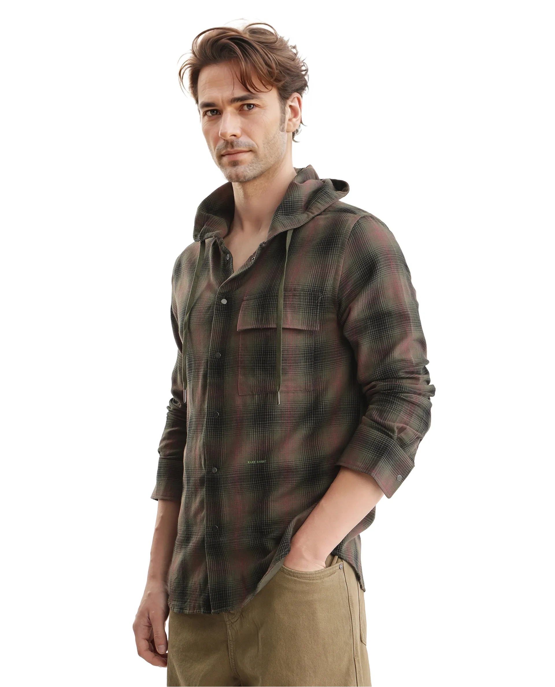 Rare Rabbit Men's Dartmouth Dusky Olive Cotton Checked Print Oversized Fit Full Sleeve Hooded Shirt - Image 7