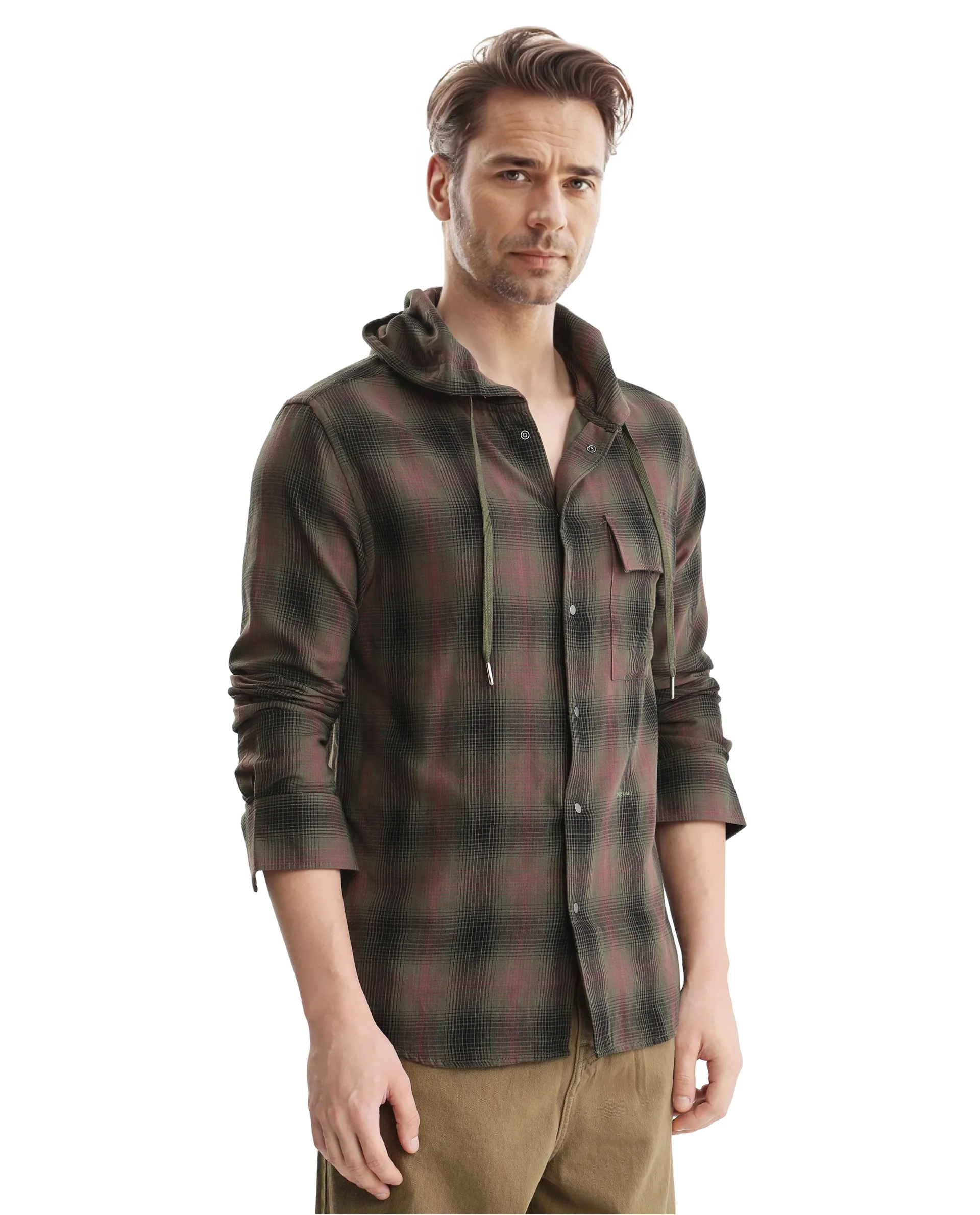 Rare Rabbit Men's Dartmouth Dusky Olive Cotton Checked Print Oversized Fit Full Sleeve Hooded Shirt - Image 8