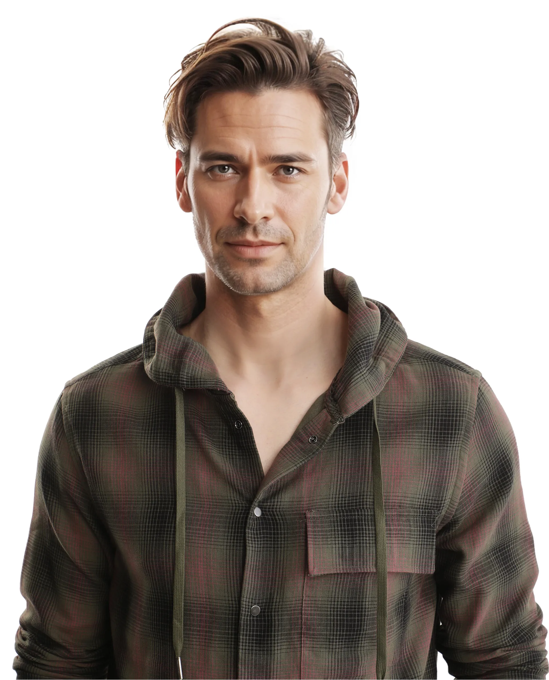 Rare Rabbit Men's Dartmouth Dusky Olive Cotton Checked Print Oversized Fit Full Sleeve Hooded Shirt - Image 9