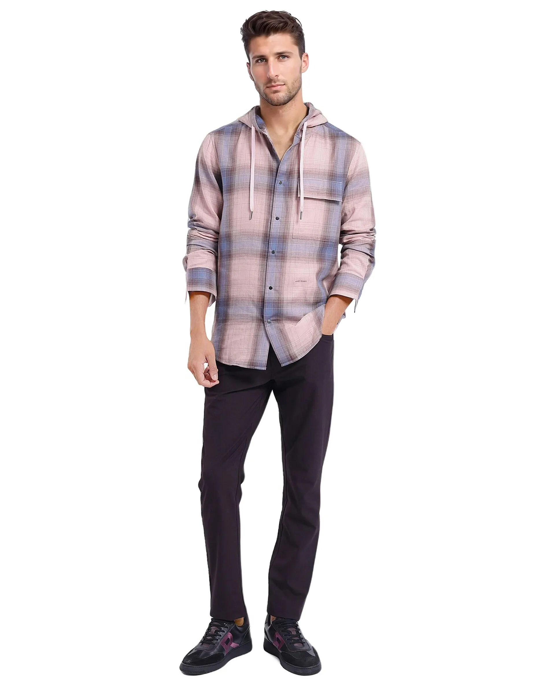 Rare Rabbit Men's Dartmouth Dusky Pink Checked Print Oversized Fit Full Sleeve Hooded Shirt - Image 2