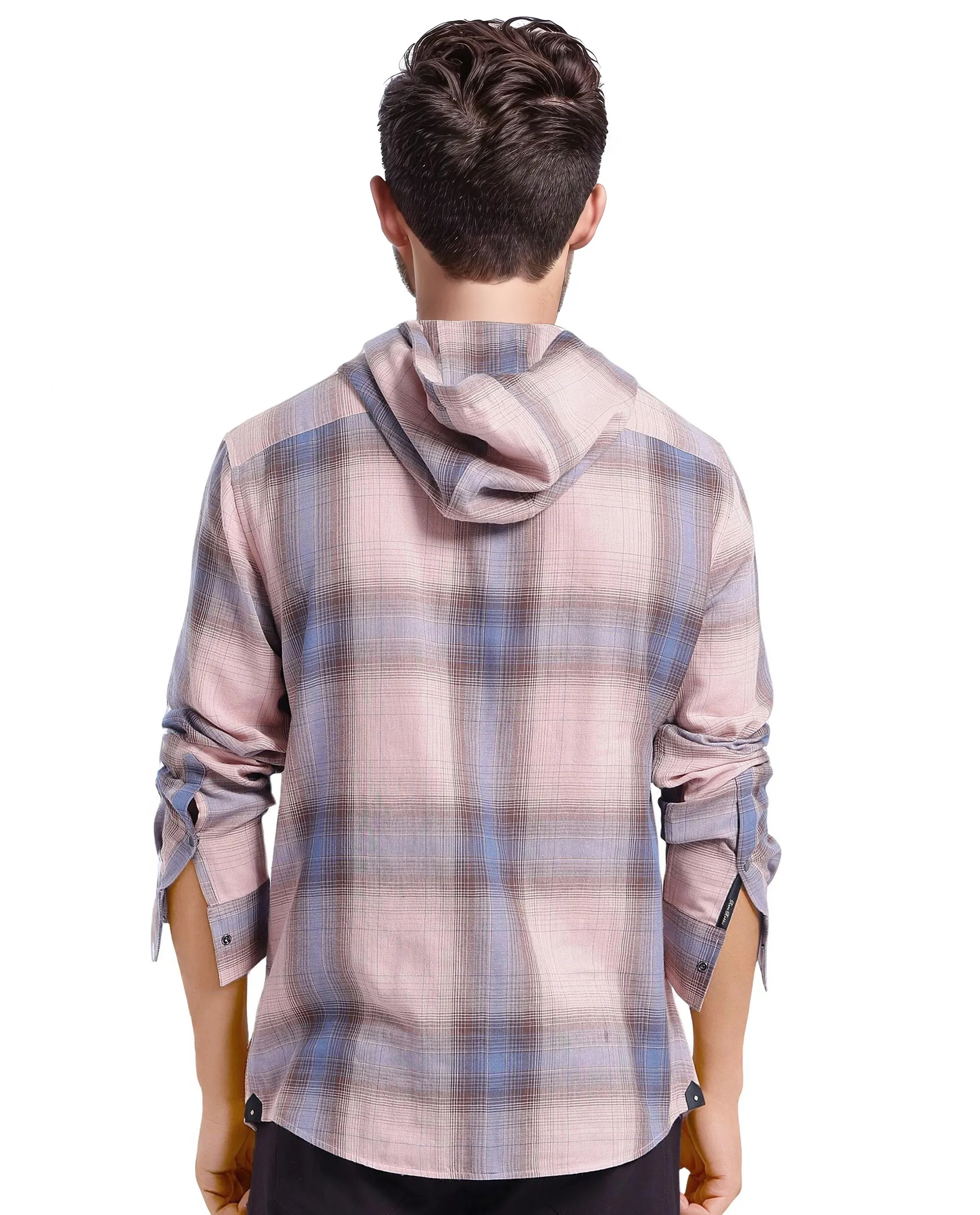 Rare Rabbit Men's Dartmouth Dusky Pink Checked Print Oversized Fit Full Sleeve Hooded Shirt - Image 4