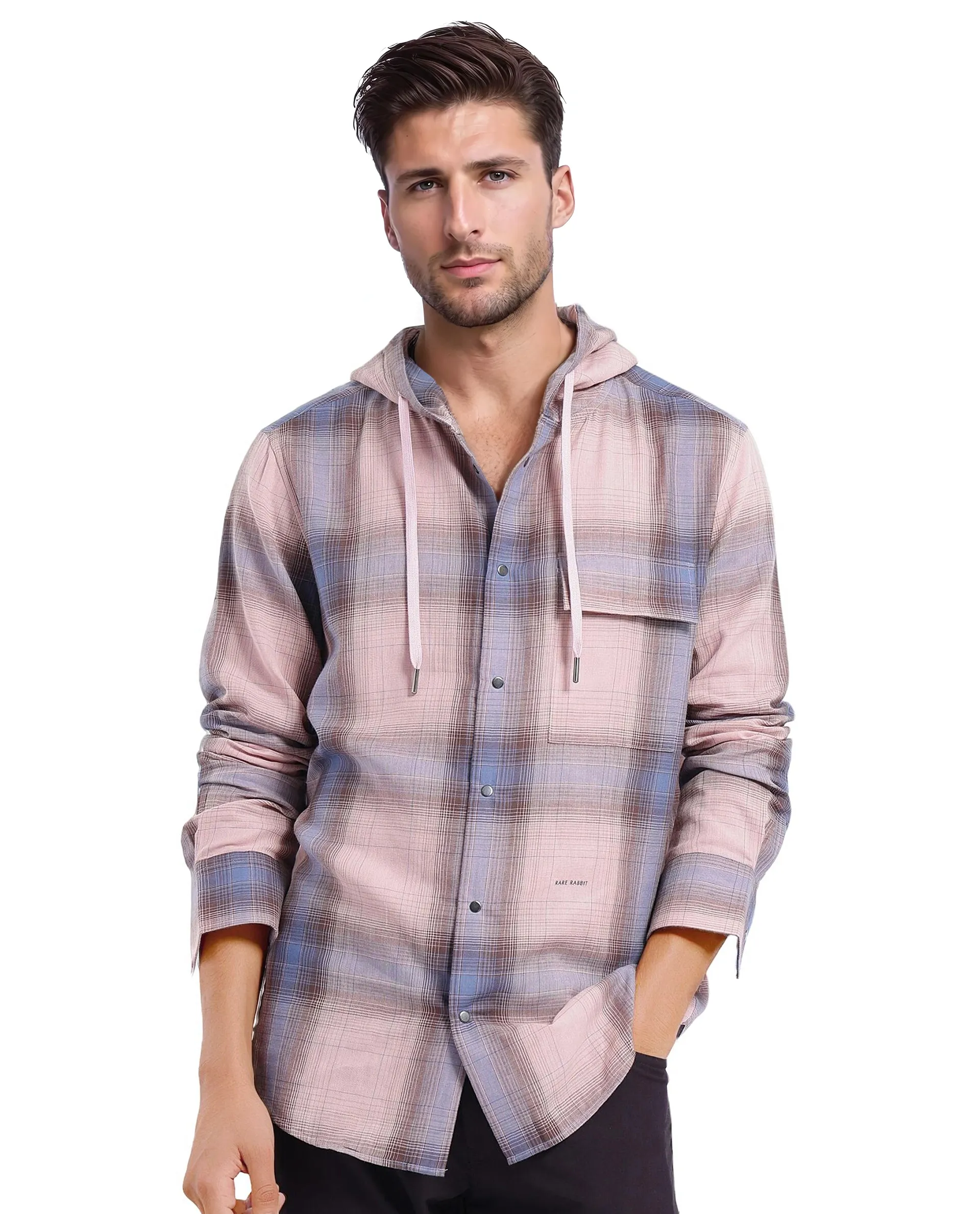 Rare Rabbit Men's Dartmouth Dusky Pink Checked Print Oversized Fit Full Sleeve Hooded Shirt - Image 5