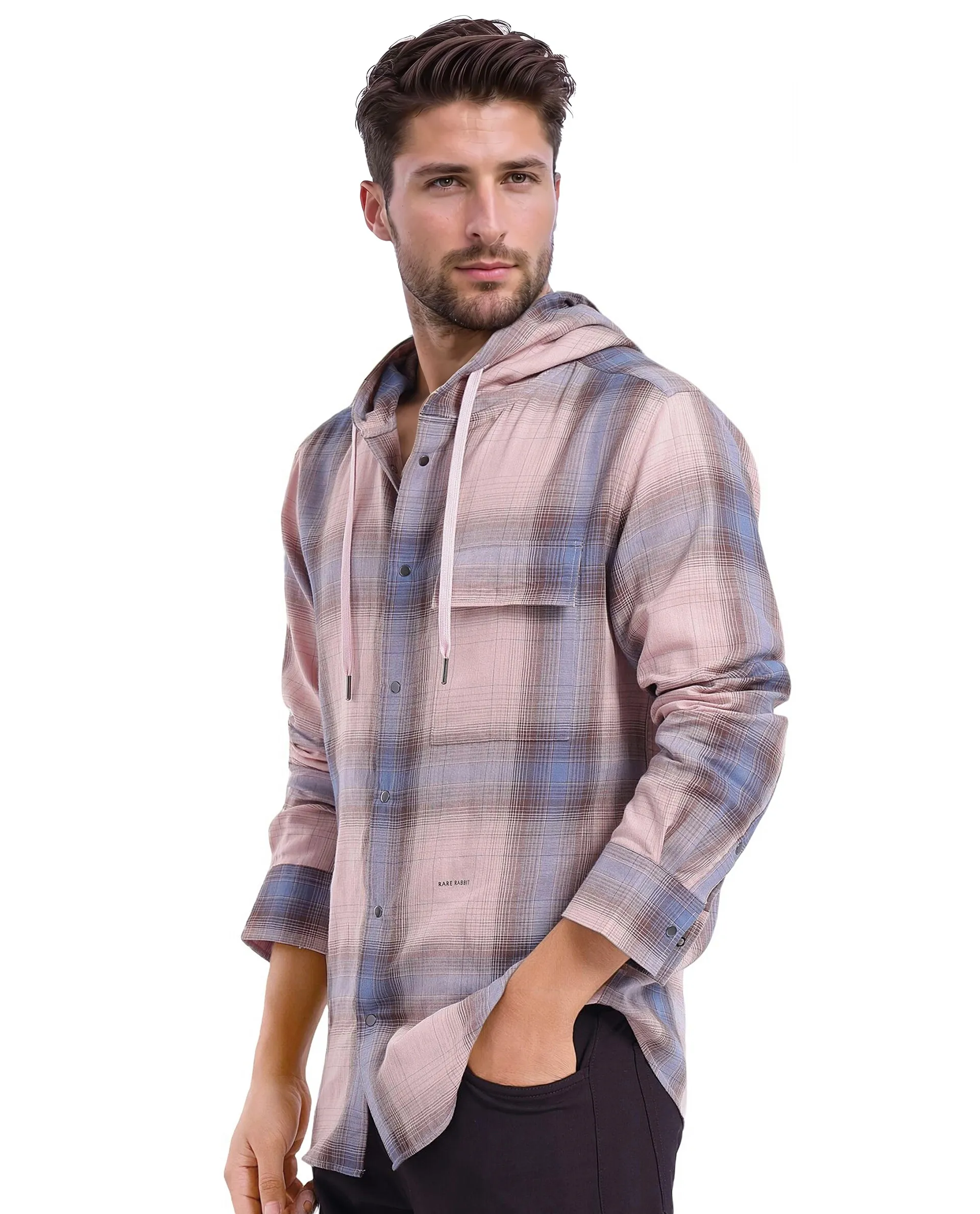 Rare Rabbit Men's Dartmouth Dusky Pink Checked Print Oversized Fit Full Sleeve Hooded Shirt - Image 6