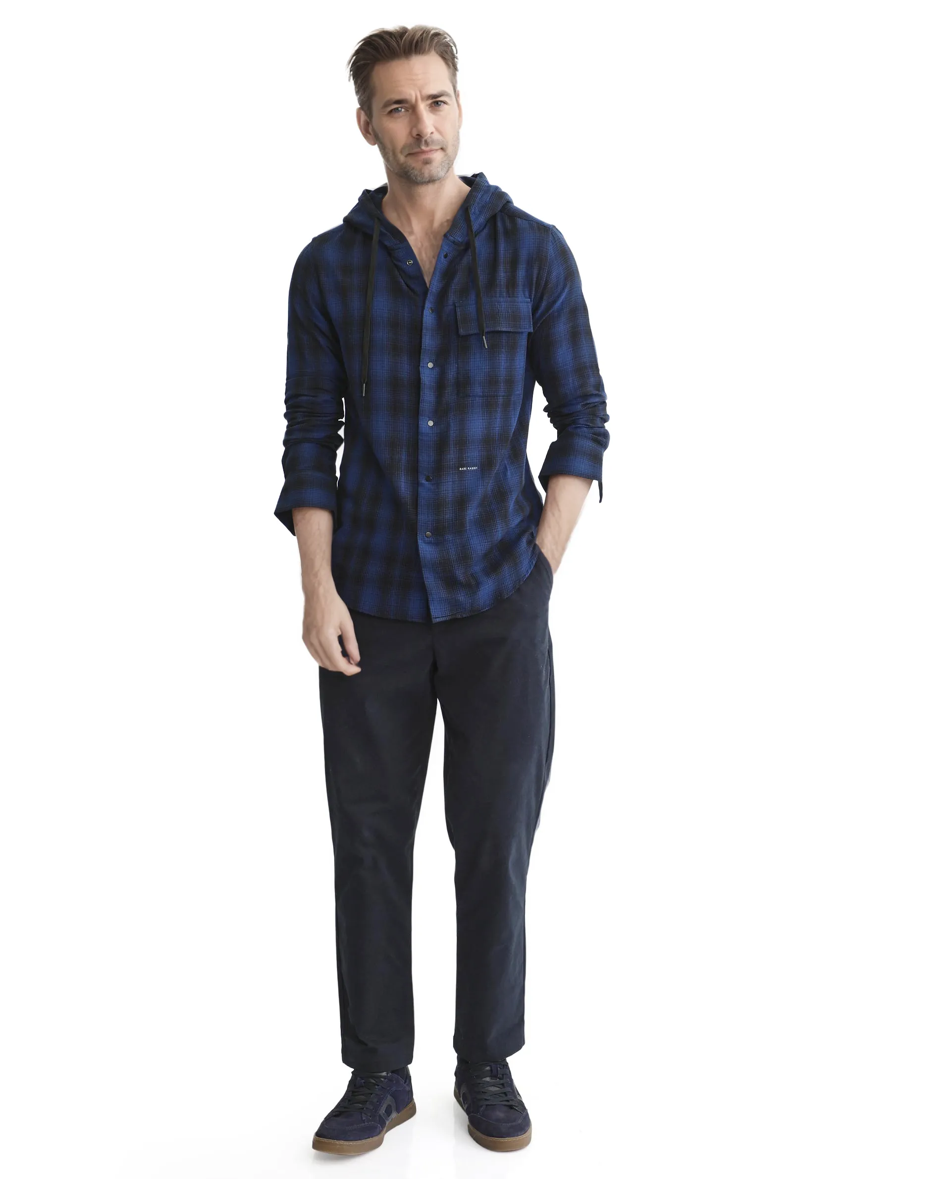 Rare Rabbit Men's Dartmouth Navy Cotton Checked Print Oversized Fit Full Sleeve Hooded Shirt - Image 2