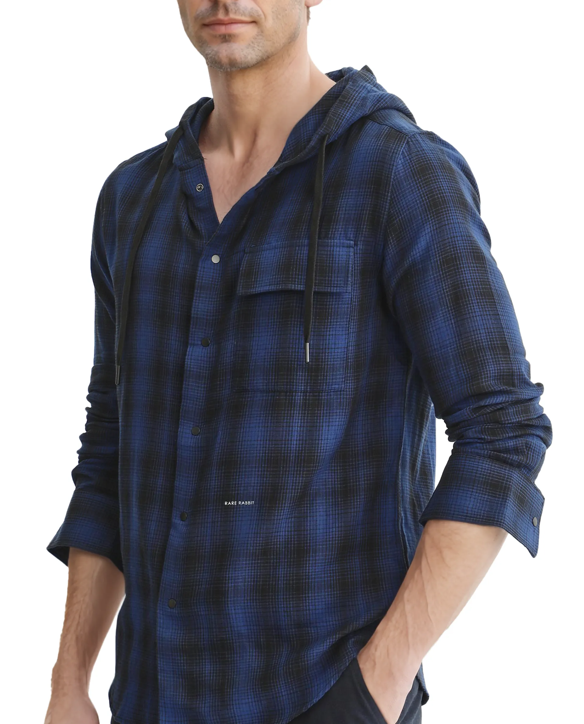 Rare Rabbit Men's Dartmouth Navy Cotton Checked Print Oversized Fit Full Sleeve Hooded Shirt - Image 3