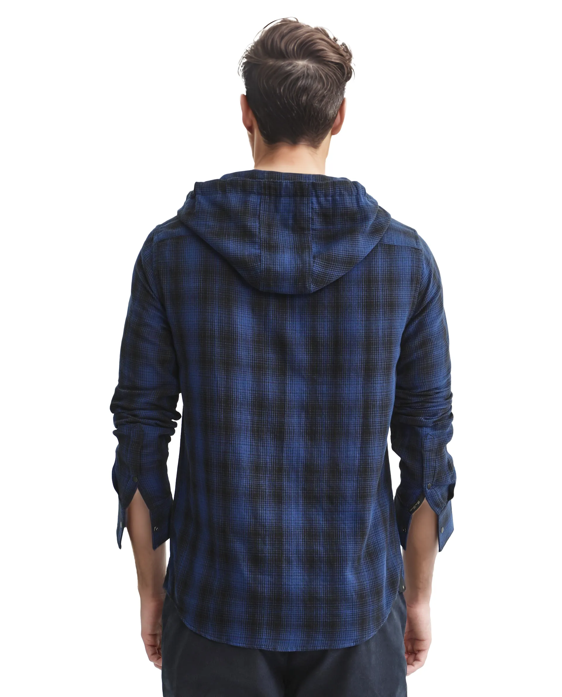 Rare Rabbit Men's Dartmouth Navy Cotton Checked Print Oversized Fit Full Sleeve Hooded Shirt - Image 4