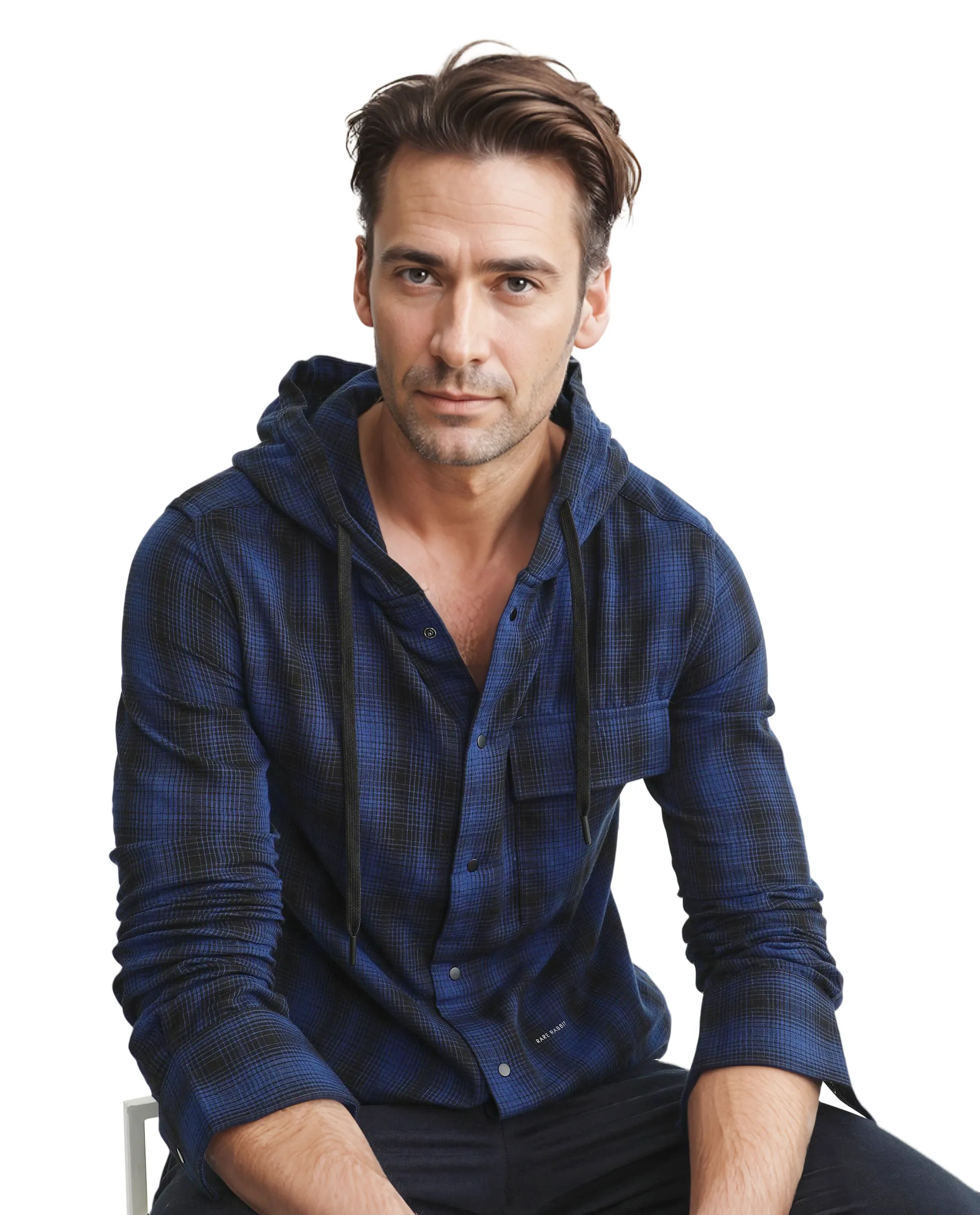 Rare Rabbit Men's Dartmouth Navy Cotton Checked Print Oversized Fit Full Sleeve Hooded Shirt - Image 5