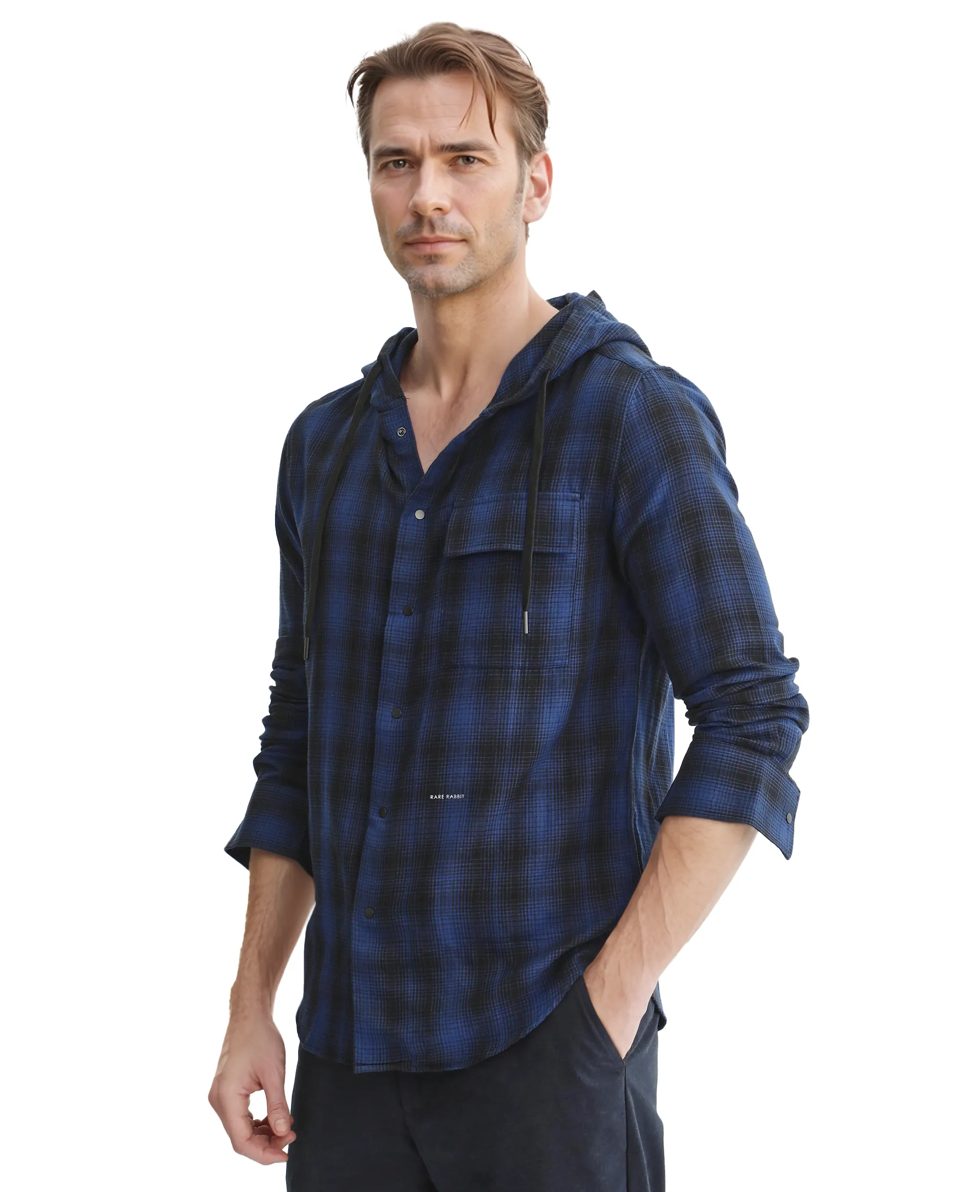Rare Rabbit Men's Dartmouth Navy Cotton Checked Print Oversized Fit Full Sleeve Hooded Shirt - Image 8