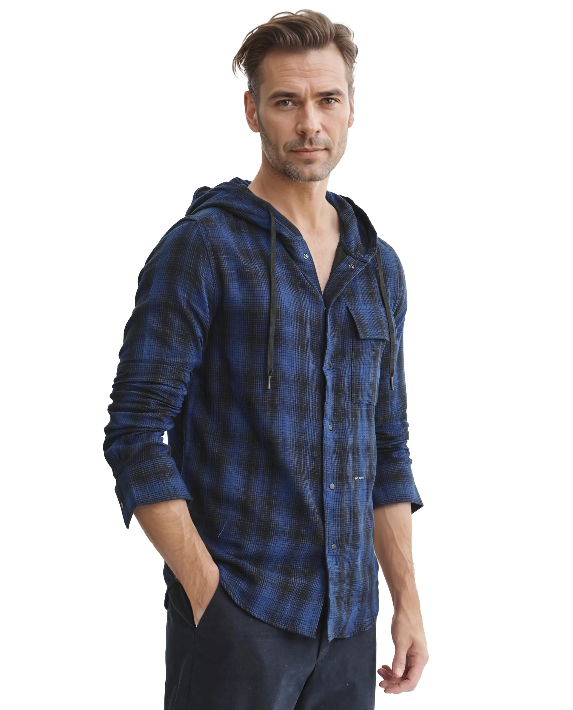 Rare Rabbit Men's Dartmouth Navy Cotton Checked Print Oversized Fit Full Sleeve Hooded Shirt - Image 9