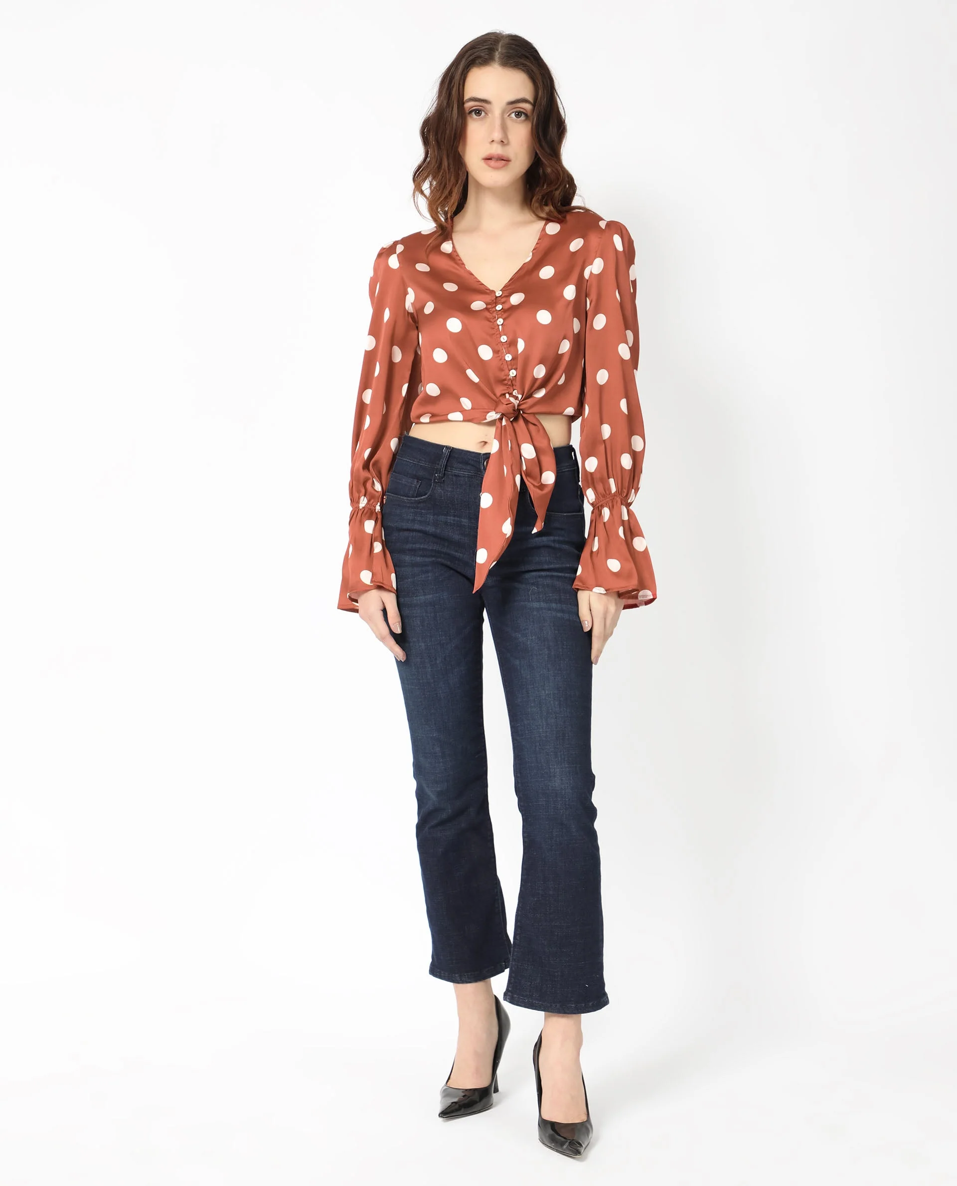 Rareism Women's Darty Brown Polyester V-Neck Polka Print Balloon Sleeve Crop Regular Fit Top - Image 2