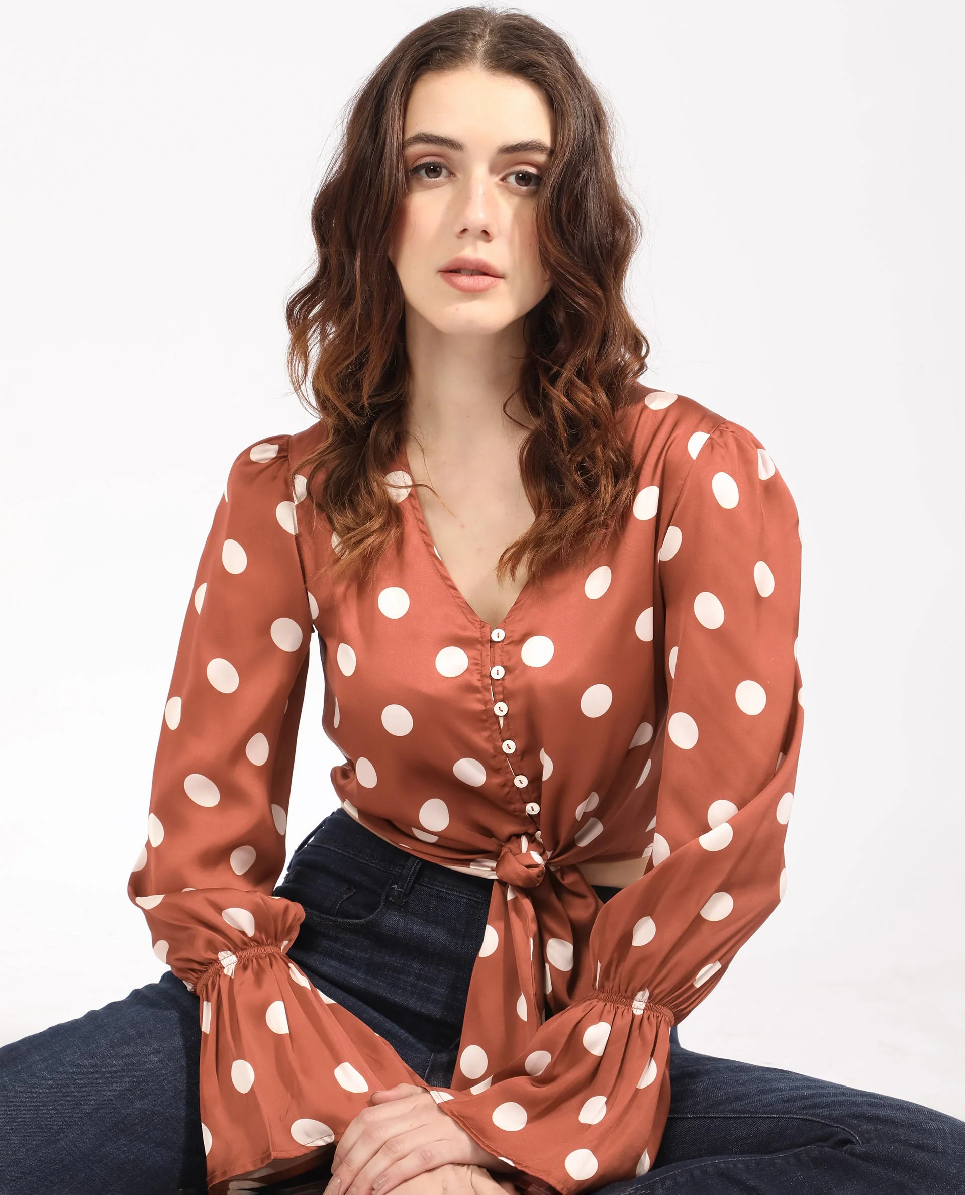 Rareism Women's Darty Brown Polyester V-Neck Polka Print Balloon Sleeve Crop Regular Fit Top - Image 3