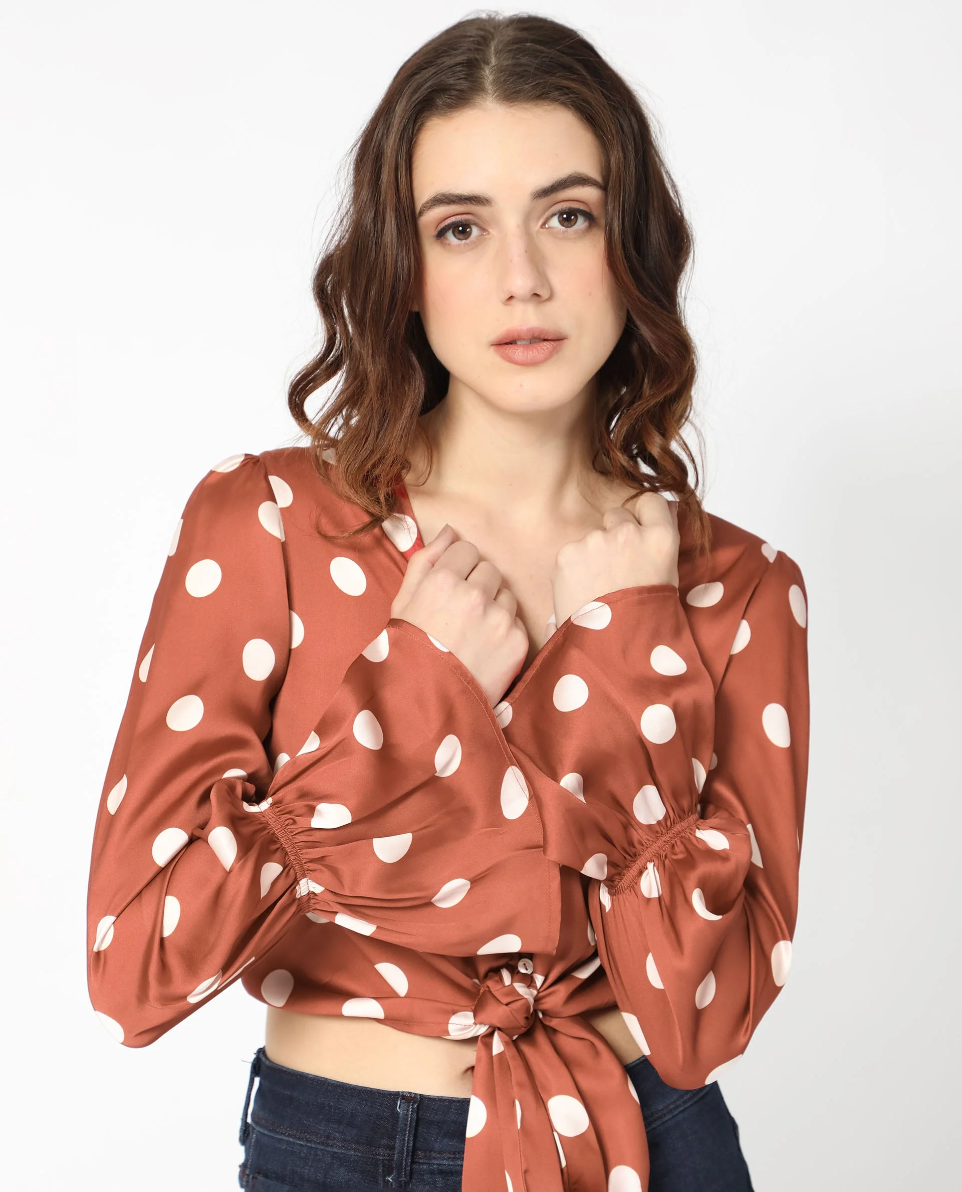 Rareism Women's Darty Brown Polyester V-Neck Polka Print Balloon Sleeve Crop Regular Fit Top - Image 4