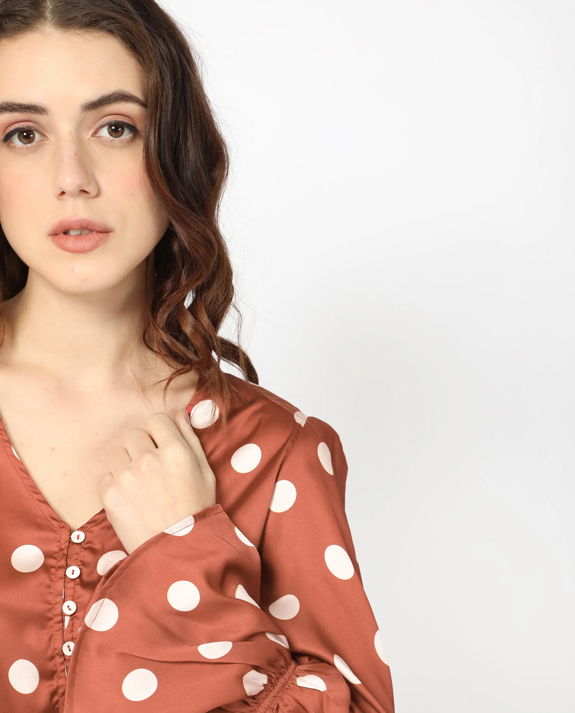 Rareism Women's Darty Brown Polyester V-Neck Polka Print Balloon Sleeve Crop Regular Fit Top - Image 5