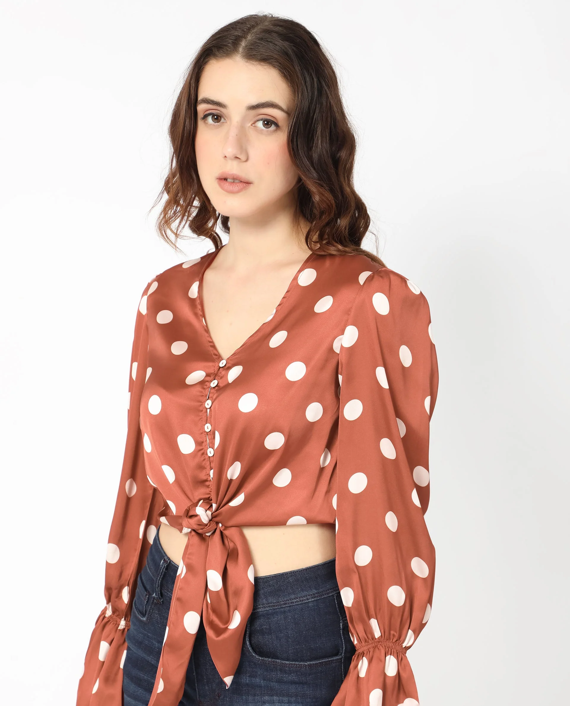 Rareism Women's Darty Brown Polyester V-Neck Polka Print Balloon Sleeve Crop Regular Fit Top - Image 6
