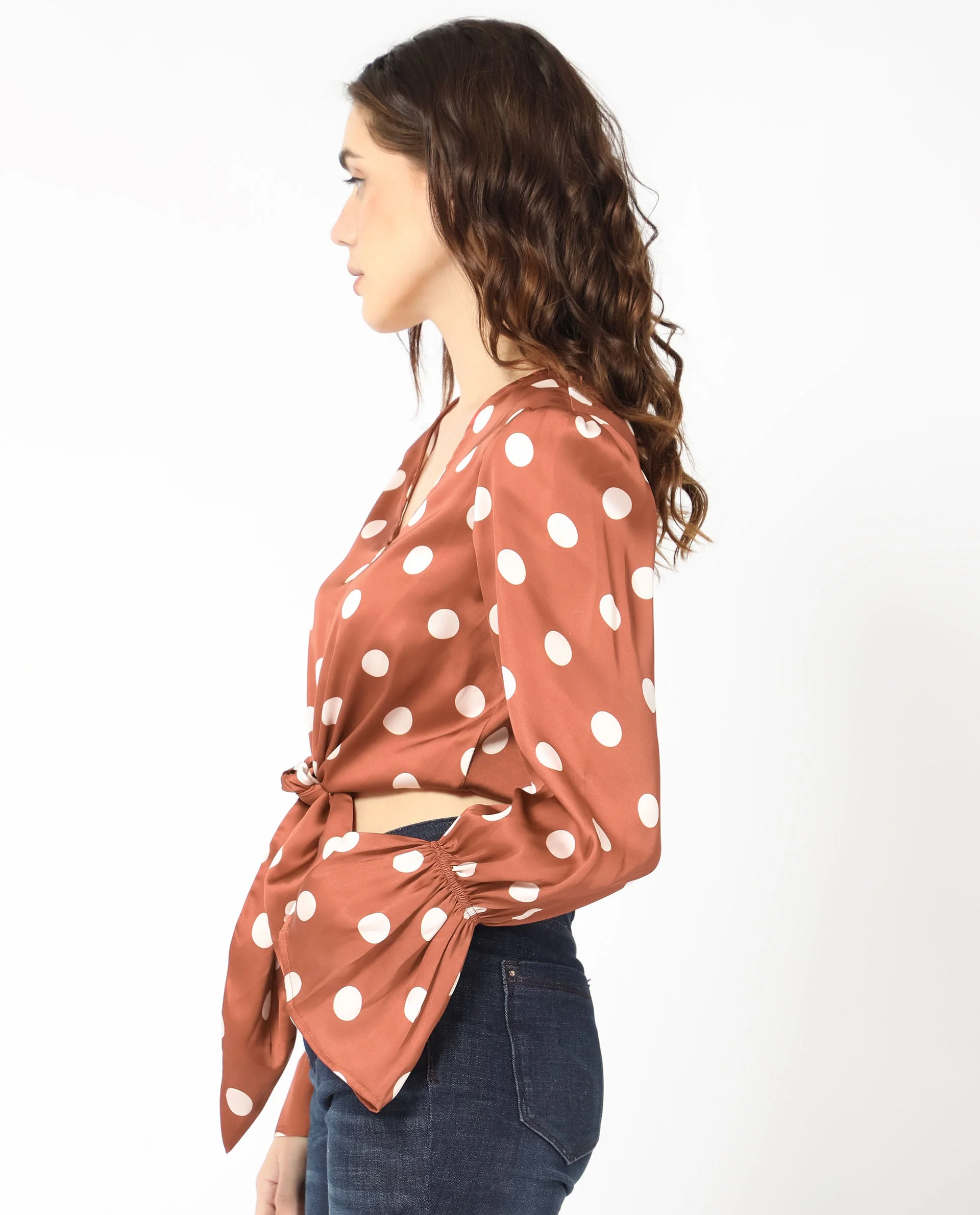 Rareism Women's Darty Brown Polyester V-Neck Polka Print Balloon Sleeve Crop Regular Fit Top - Image 7