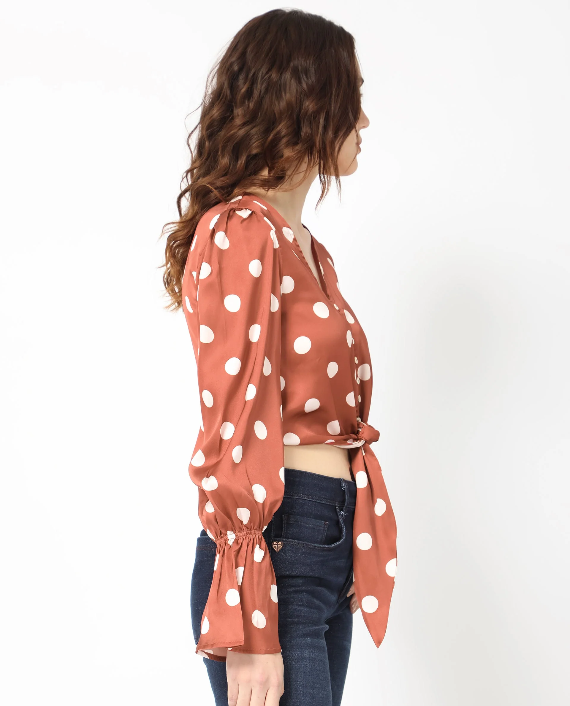 Rareism Women's Darty Brown Polyester V-Neck Polka Print Balloon Sleeve Crop Regular Fit Top - Image 8