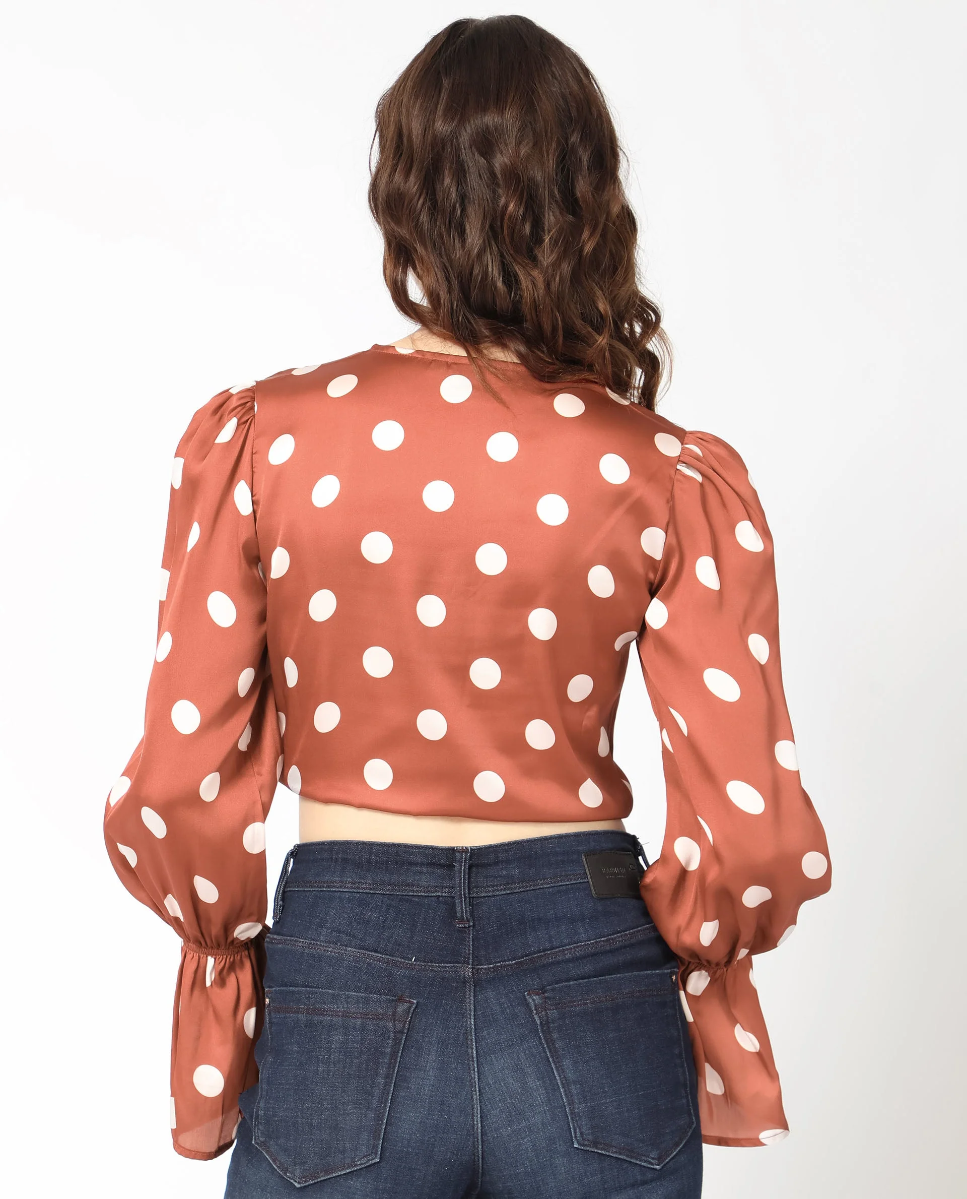 Rareism Women's Darty Brown Polyester V-Neck Polka Print Balloon Sleeve Crop Regular Fit Top - Image 9