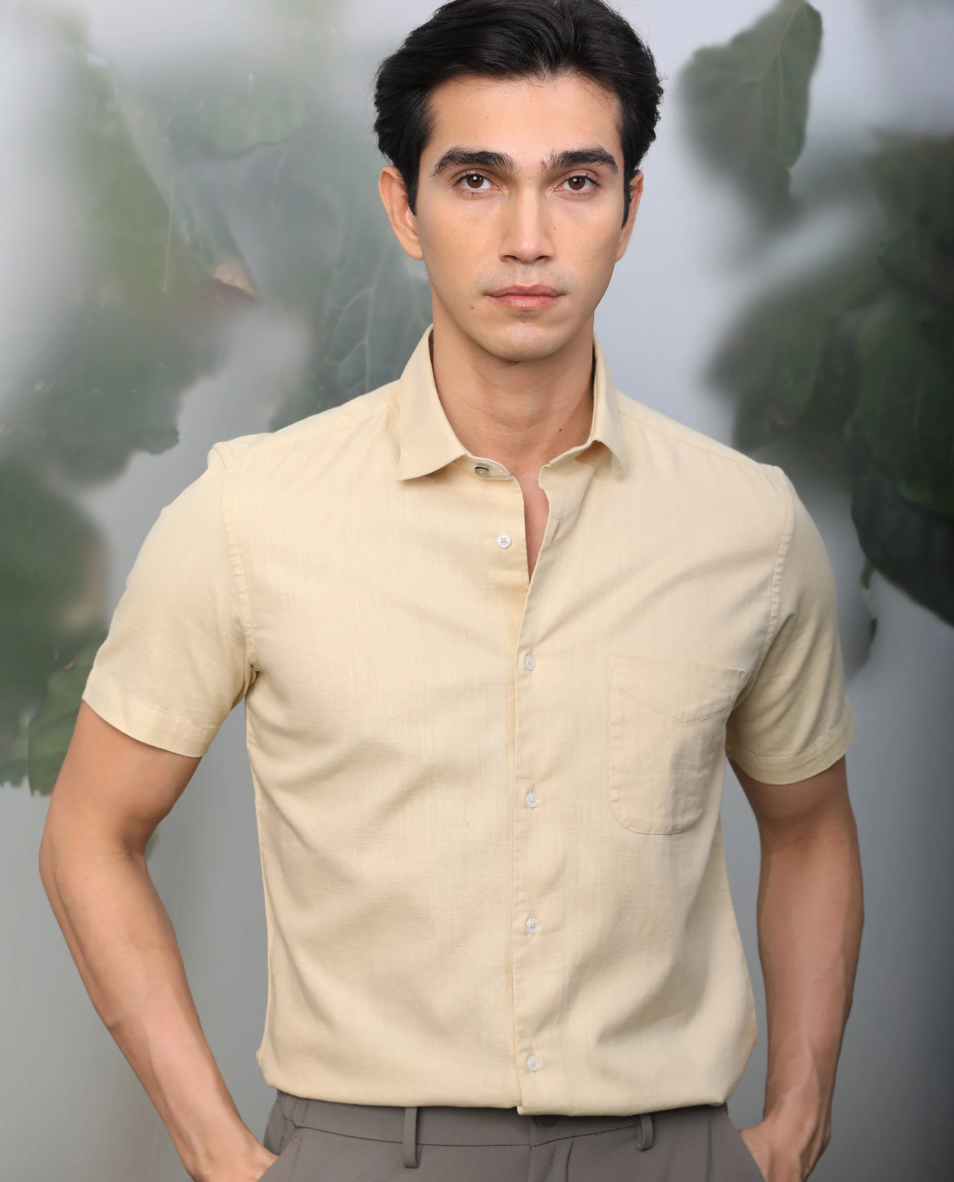 Rare Rabbit Men's Darwin Beige Cotton Plain Regular Fit Half Sleeve Spread Collar Shirt