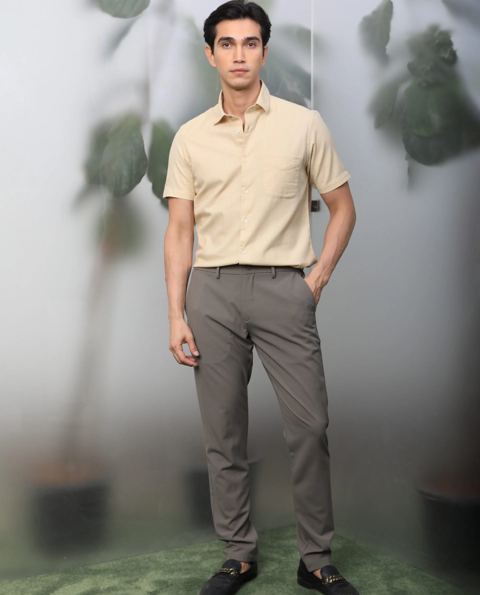 Rare Rabbit Men's Darwin Beige Cotton Plain Regular Fit Half Sleeve Spread Collar Shirt - Image 2