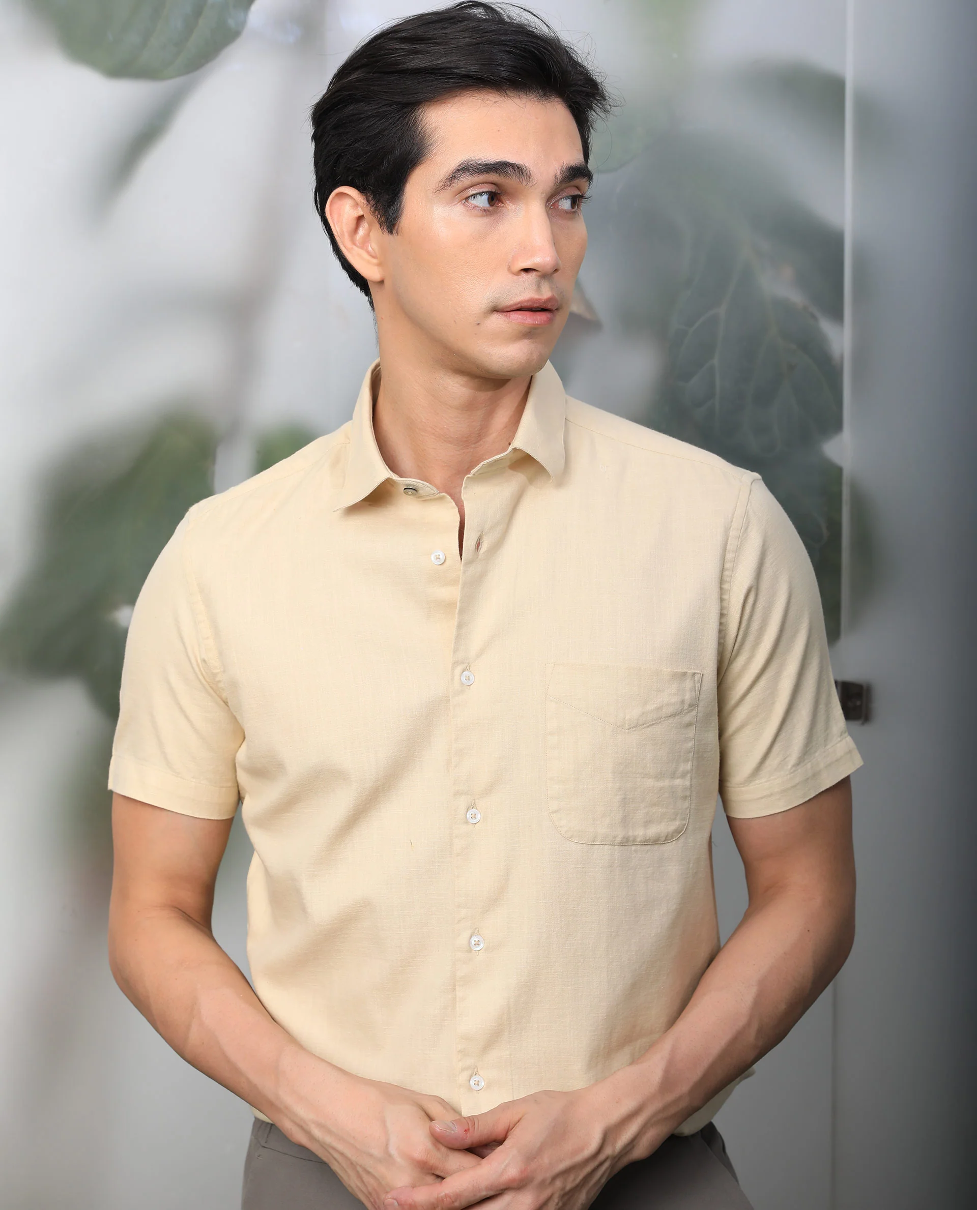 Rare Rabbit Men's Darwin Beige Cotton Plain Regular Fit Half Sleeve Spread Collar Shirt - Image 4