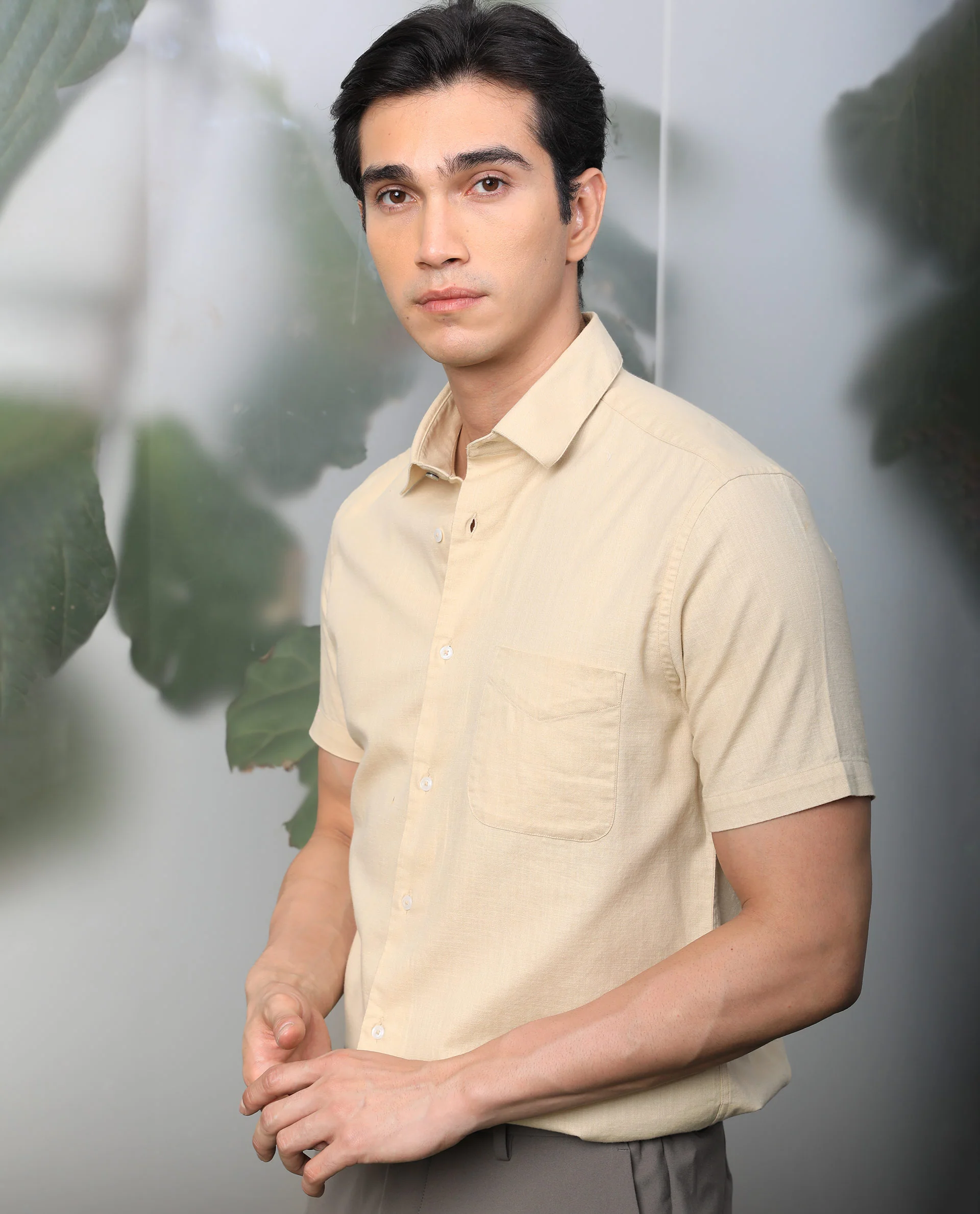 Rare Rabbit Men's Darwin Beige Cotton Plain Regular Fit Half Sleeve Spread Collar Shirt - Image 5
