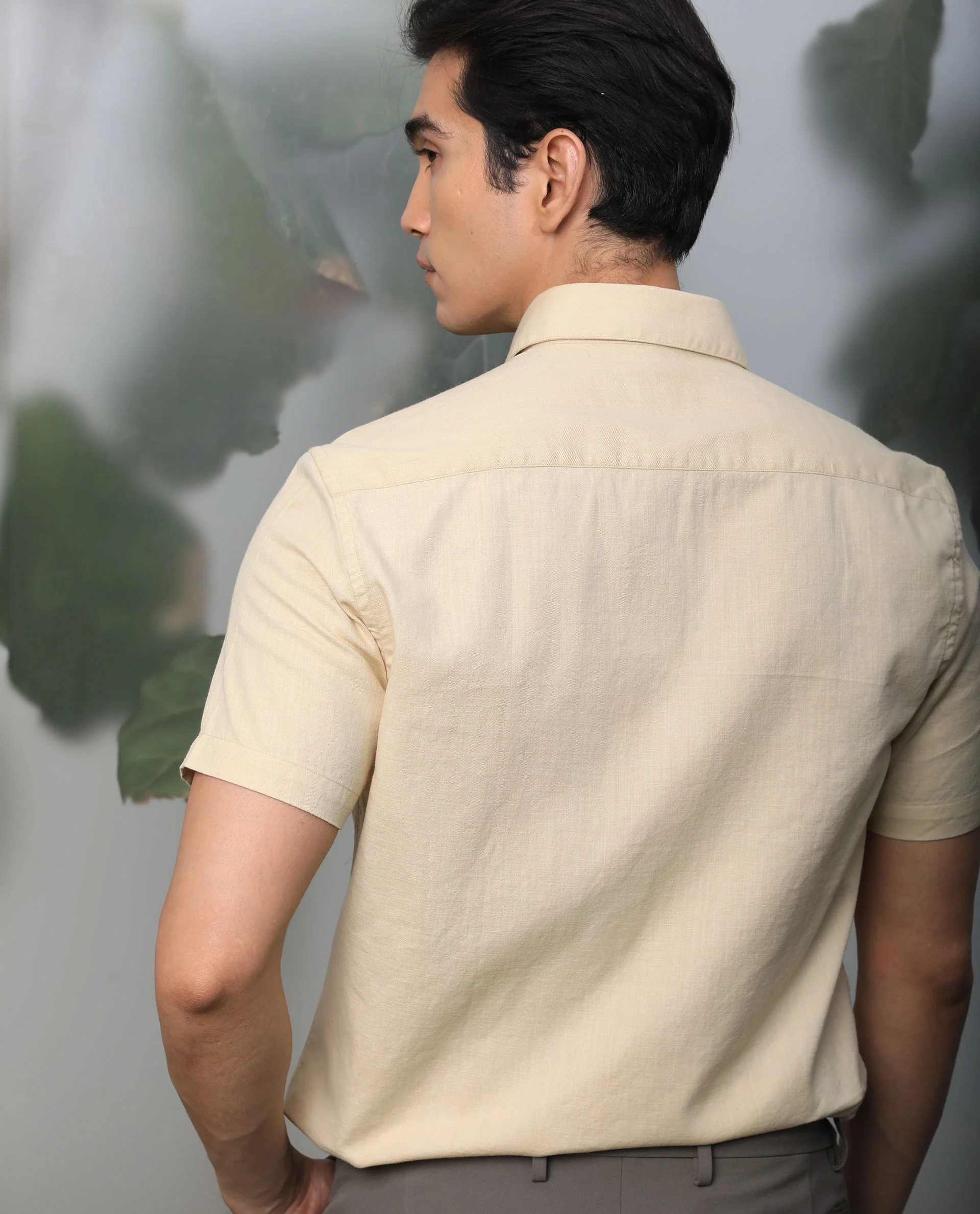 Rare Rabbit Men's Darwin Beige Cotton Plain Regular Fit Half Sleeve Spread Collar Shirt - Image 7