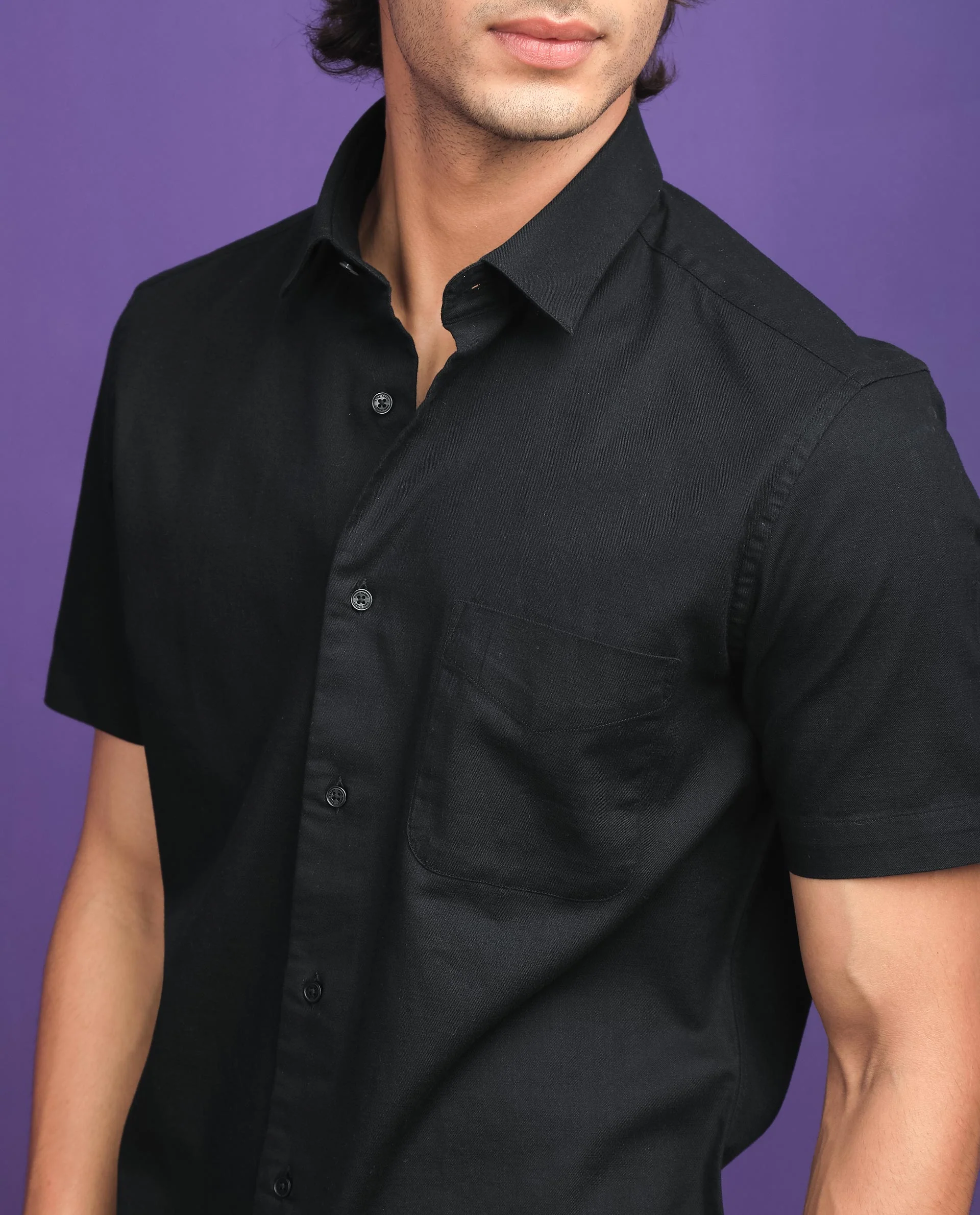 Rare Rabbit Men's Darwin - Black Cotton Plain Regular Fit Half Sleeve Collared Shirt - Image 3