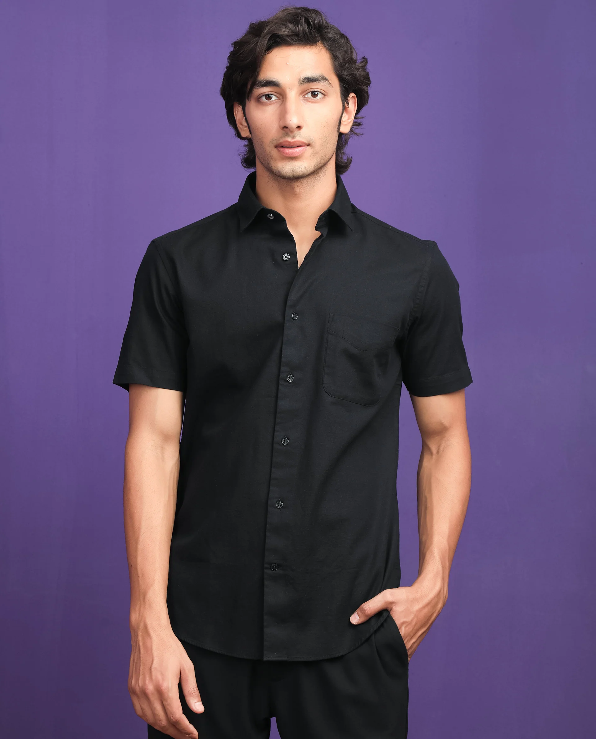Rare Rabbit Men's Darwin - Black Cotton Plain Regular Fit Half Sleeve Collared Shirt - Image 4