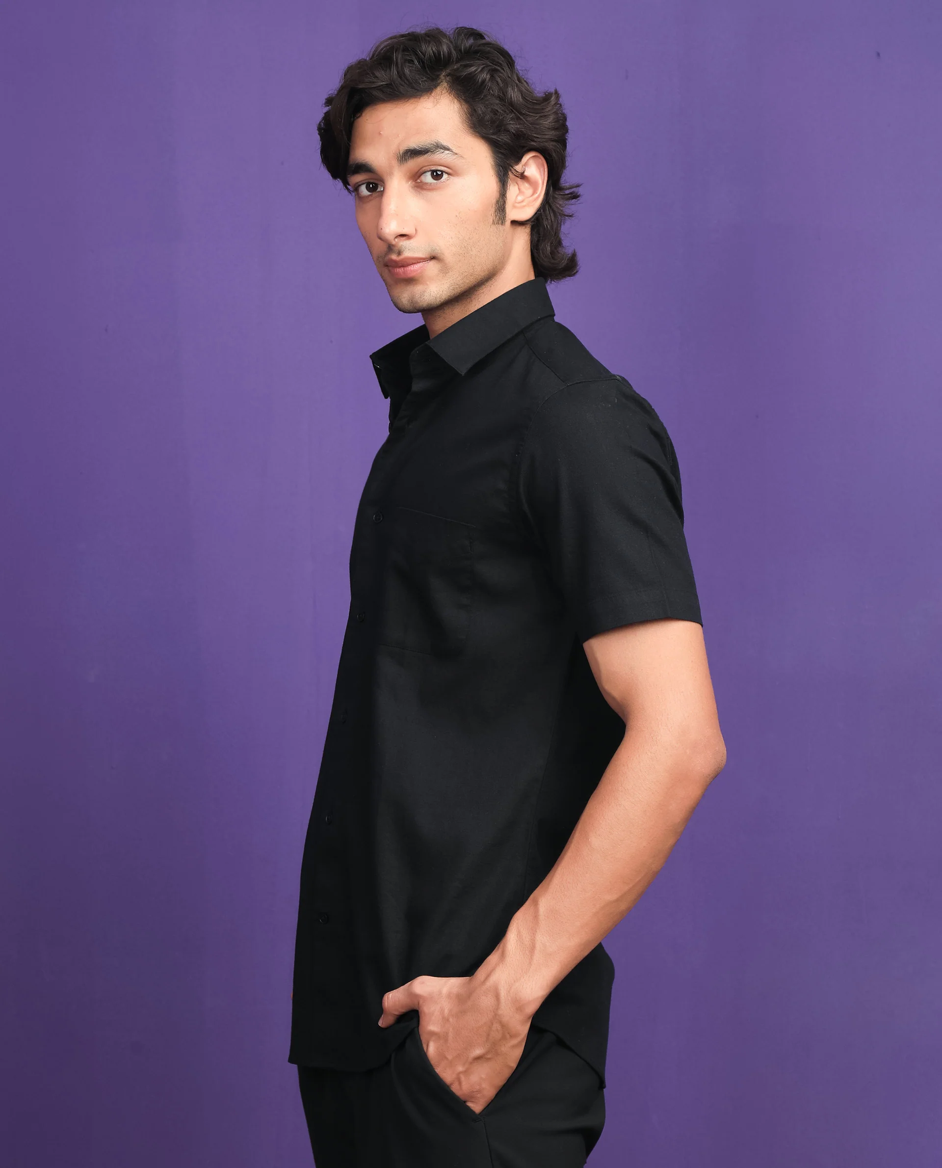 Rare Rabbit Men's Darwin - Black Cotton Plain Regular Fit Half Sleeve Collared Shirt - Image 5