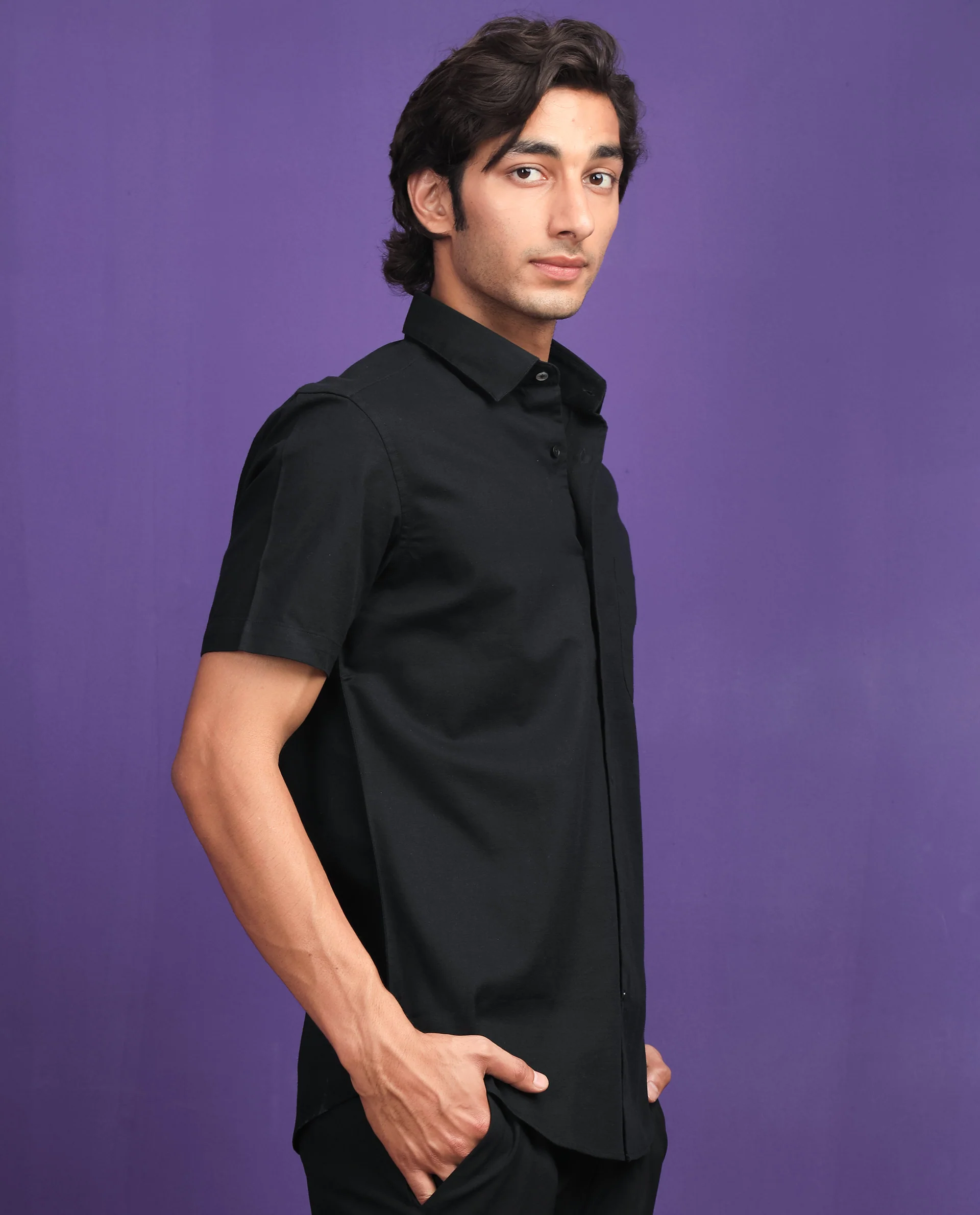 Rare Rabbit Men's Darwin - Black Cotton Plain Regular Fit Half Sleeve Collared Shirt - Image 6