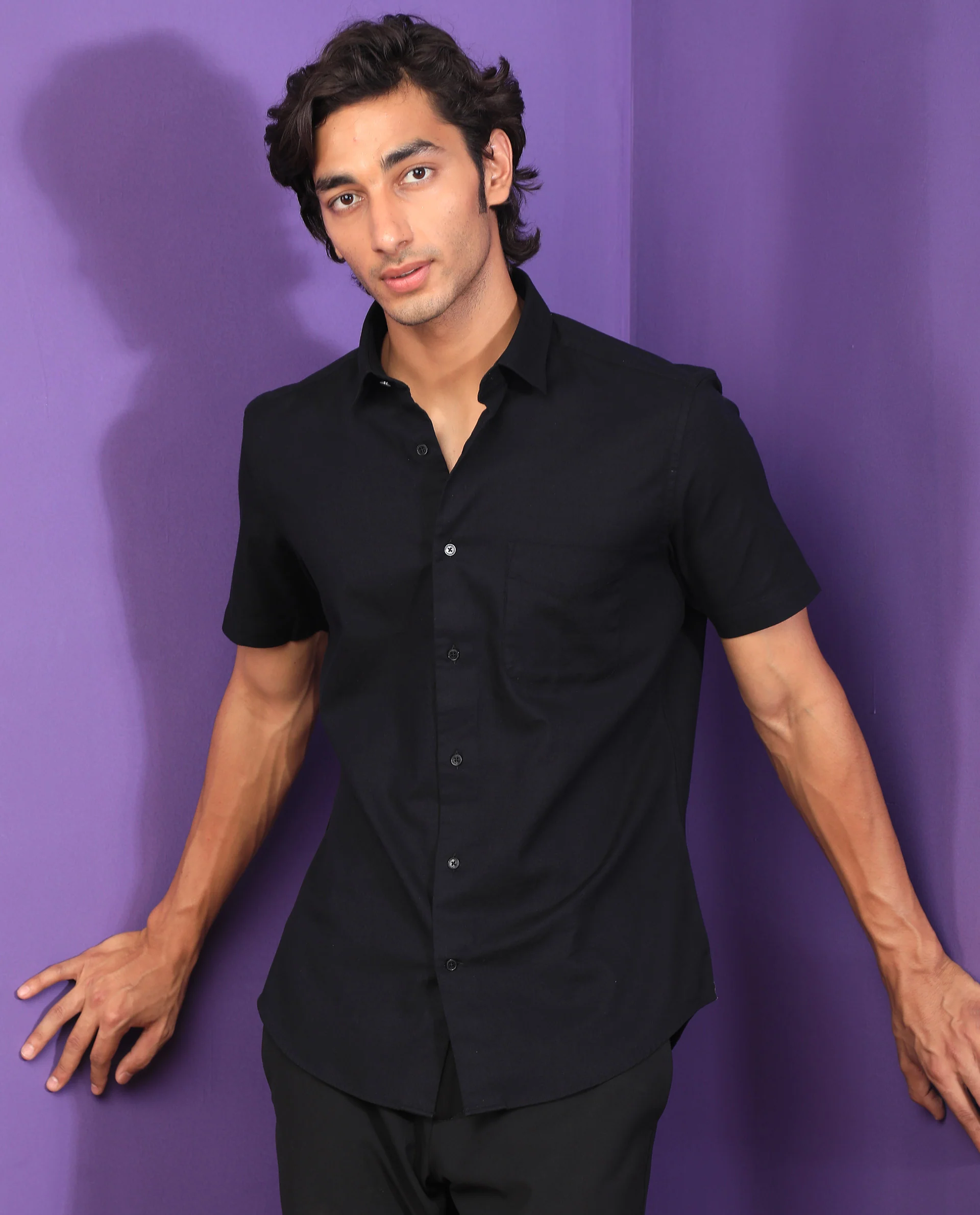 Rare Rabbit Men's Darwin - Black Cotton Plain Regular Fit Half Sleeve Collared Shirt - Image 7
