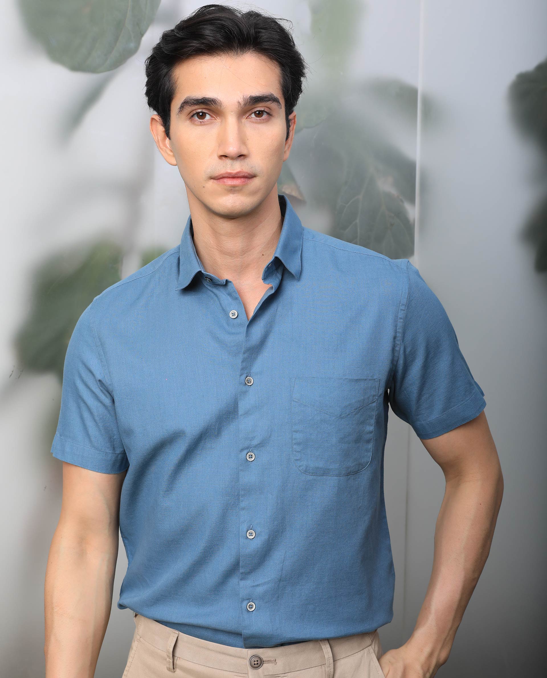 Rare Rabbit Men's Darwin - Blue Cotton Plain Regular Fit Half Sleeve Collared Shirt - Image 2