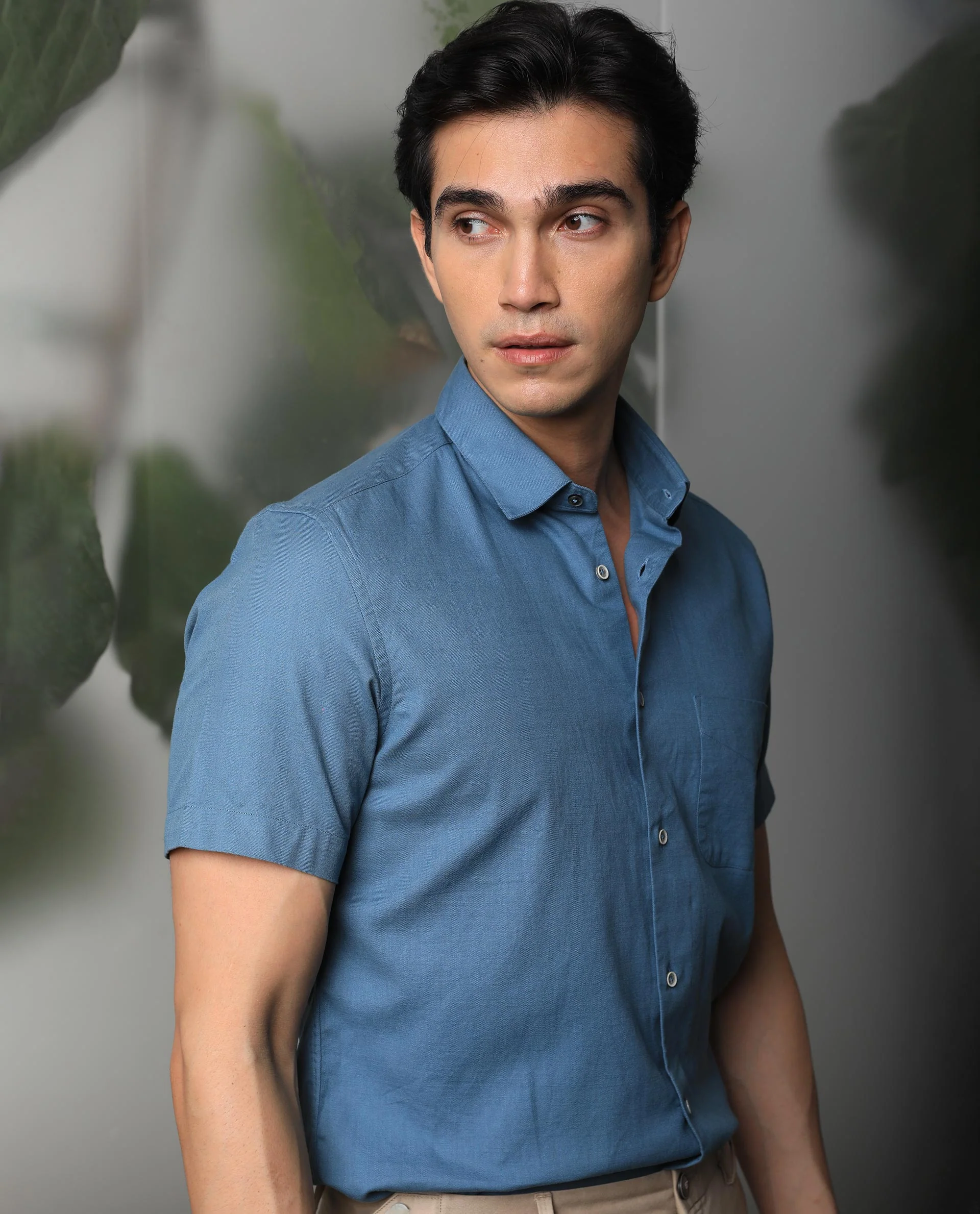 Rare Rabbit Men's Darwin - Blue Cotton Plain Regular Fit Half Sleeve Collared Shirt - Image 3