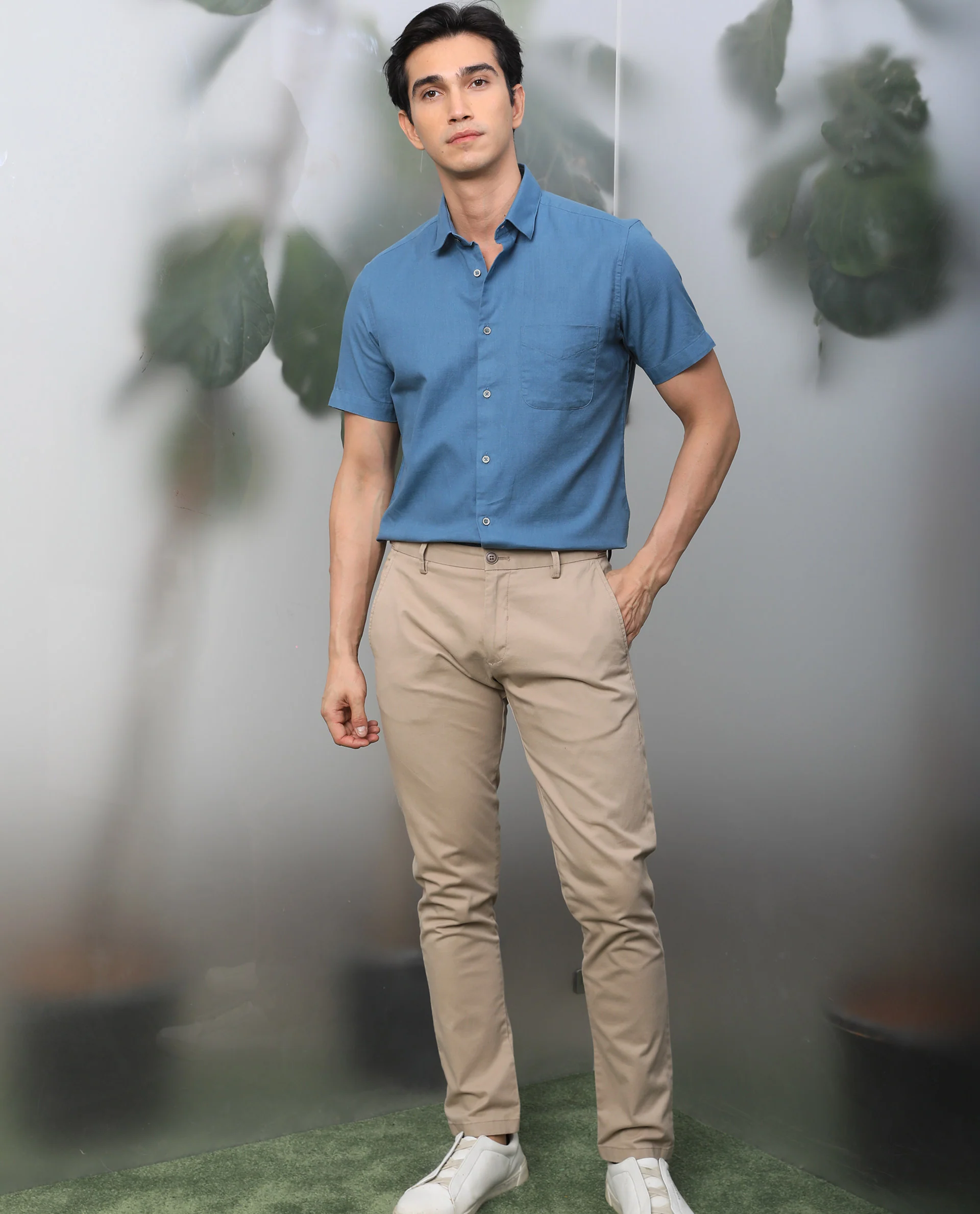 Rare Rabbit Men's Darwin - Blue Cotton Plain Regular Fit Half Sleeve Collared Shirt - Image 4