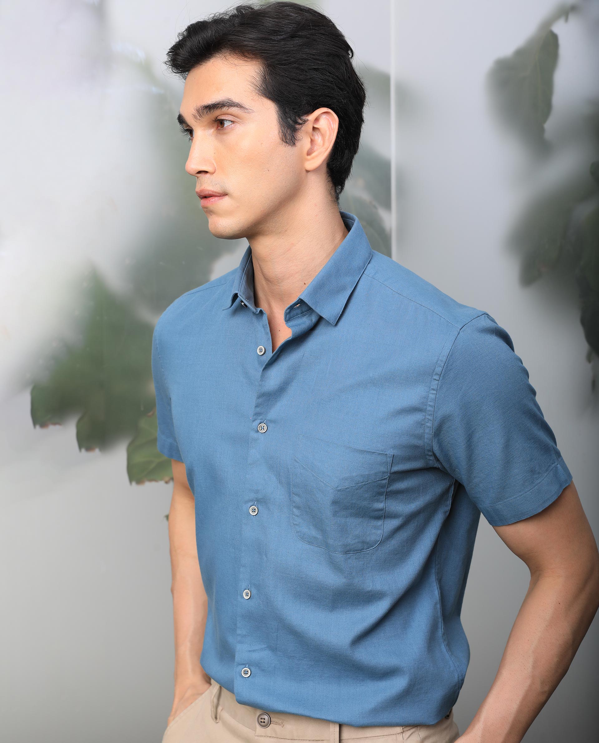 Rare Rabbit Men's Darwin - Blue Cotton Plain Regular Fit Half Sleeve Collared Shirt - Image 6