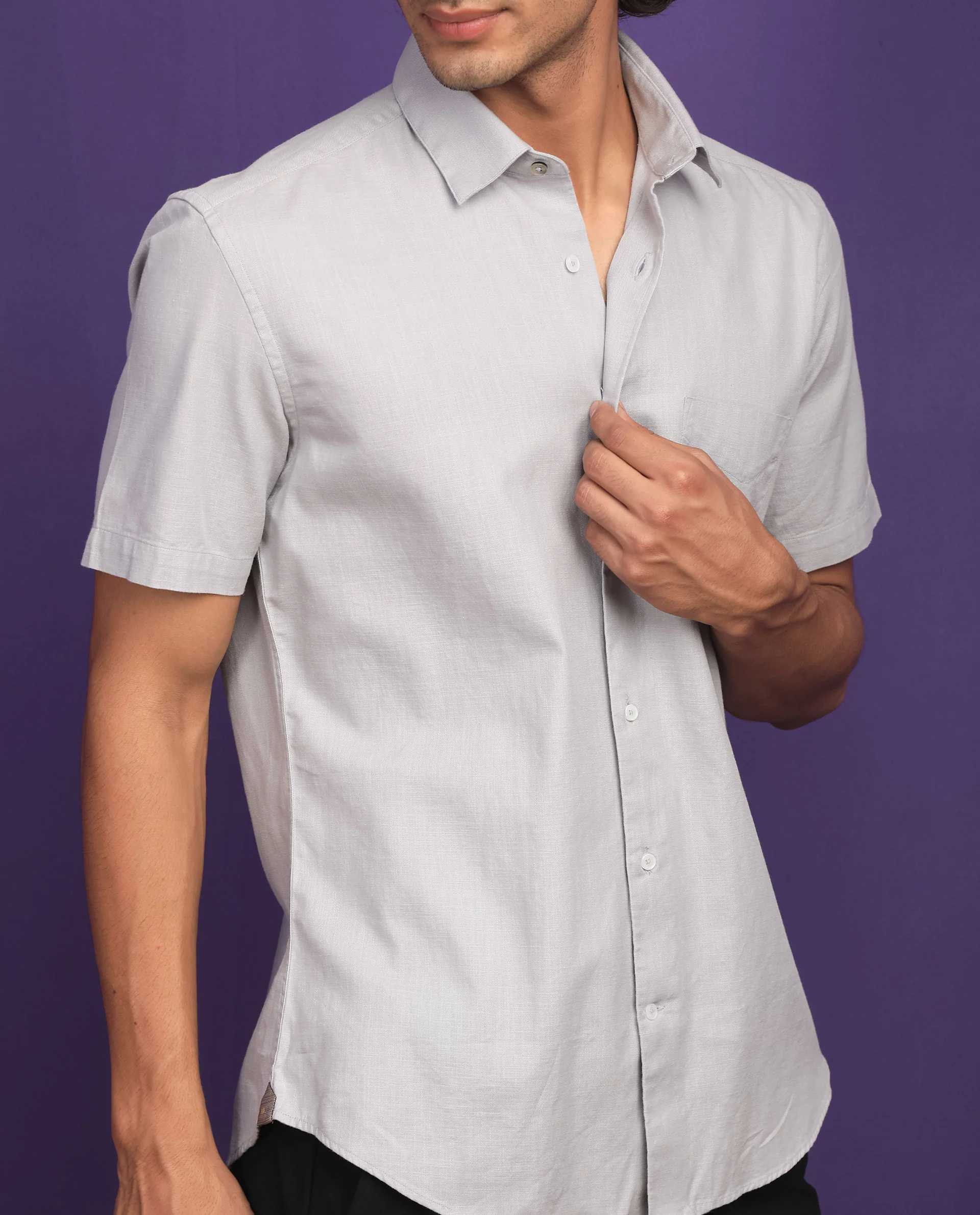 Rare Rabbit Men's Darwin - Grey Cotton Plain Regular Fit Half Sleeve Spread Collar Shirt - Image 2