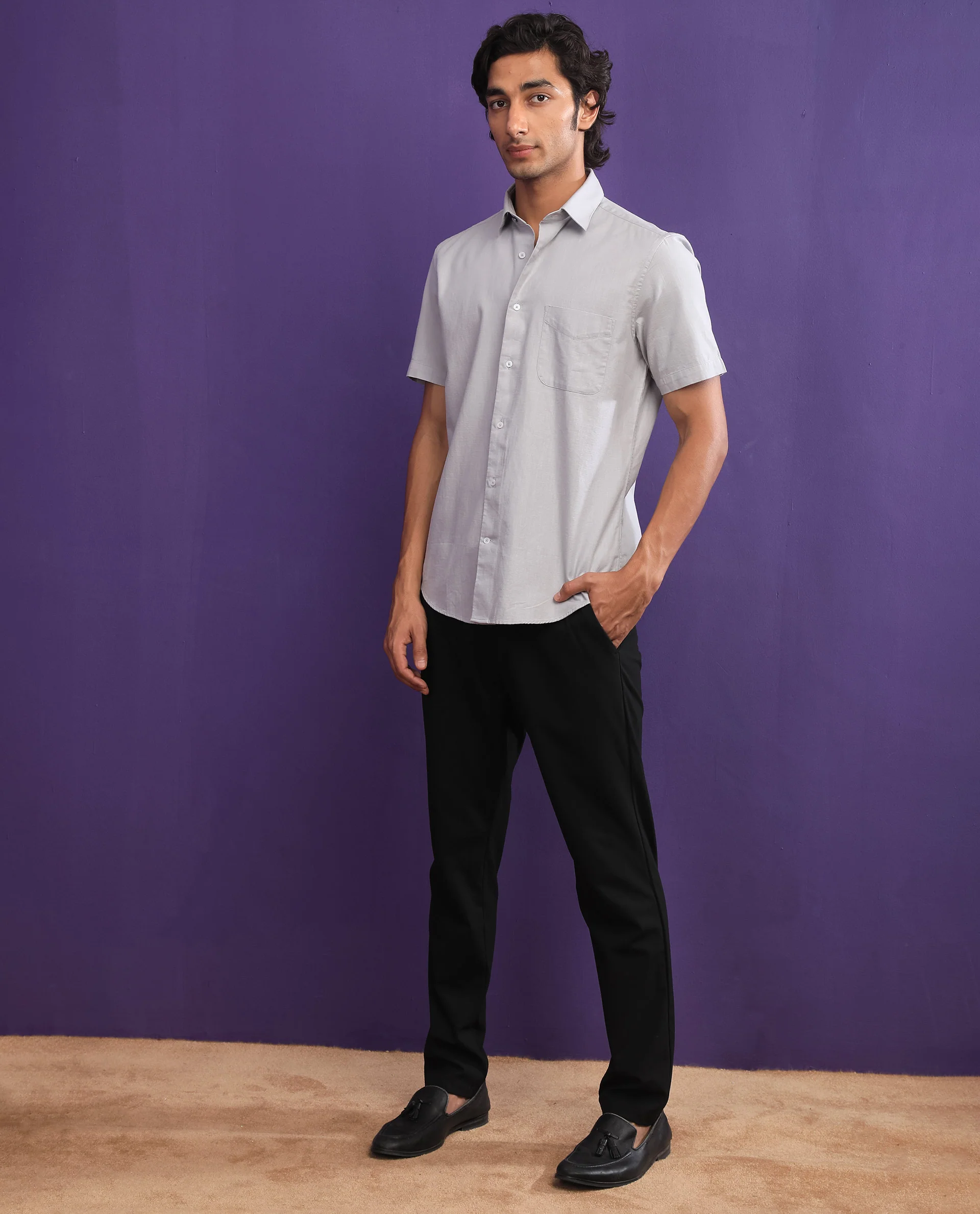 Rare Rabbit Men's Darwin - Grey Cotton Plain Regular Fit Half Sleeve Spread Collar Shirt - Image 3
