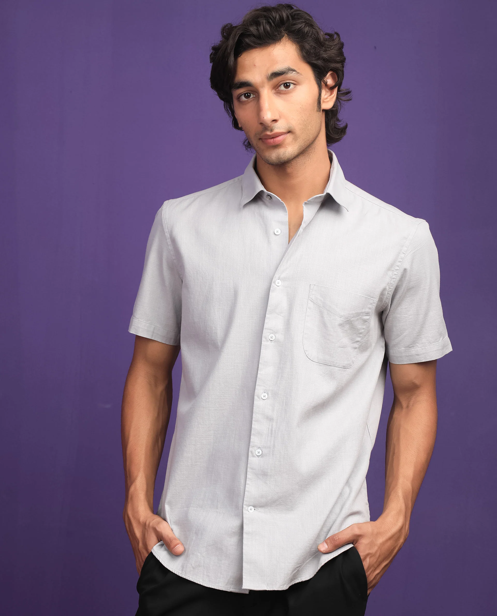 Rare Rabbit Men's Darwin - Grey Cotton Plain Regular Fit Half Sleeve Spread Collar Shirt - Image 4