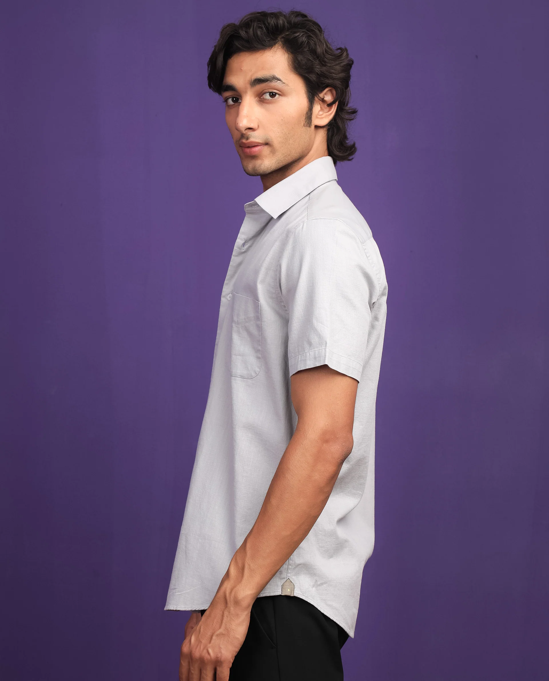 Rare Rabbit Men's Darwin - Grey Cotton Plain Regular Fit Half Sleeve Spread Collar Shirt - Image 5