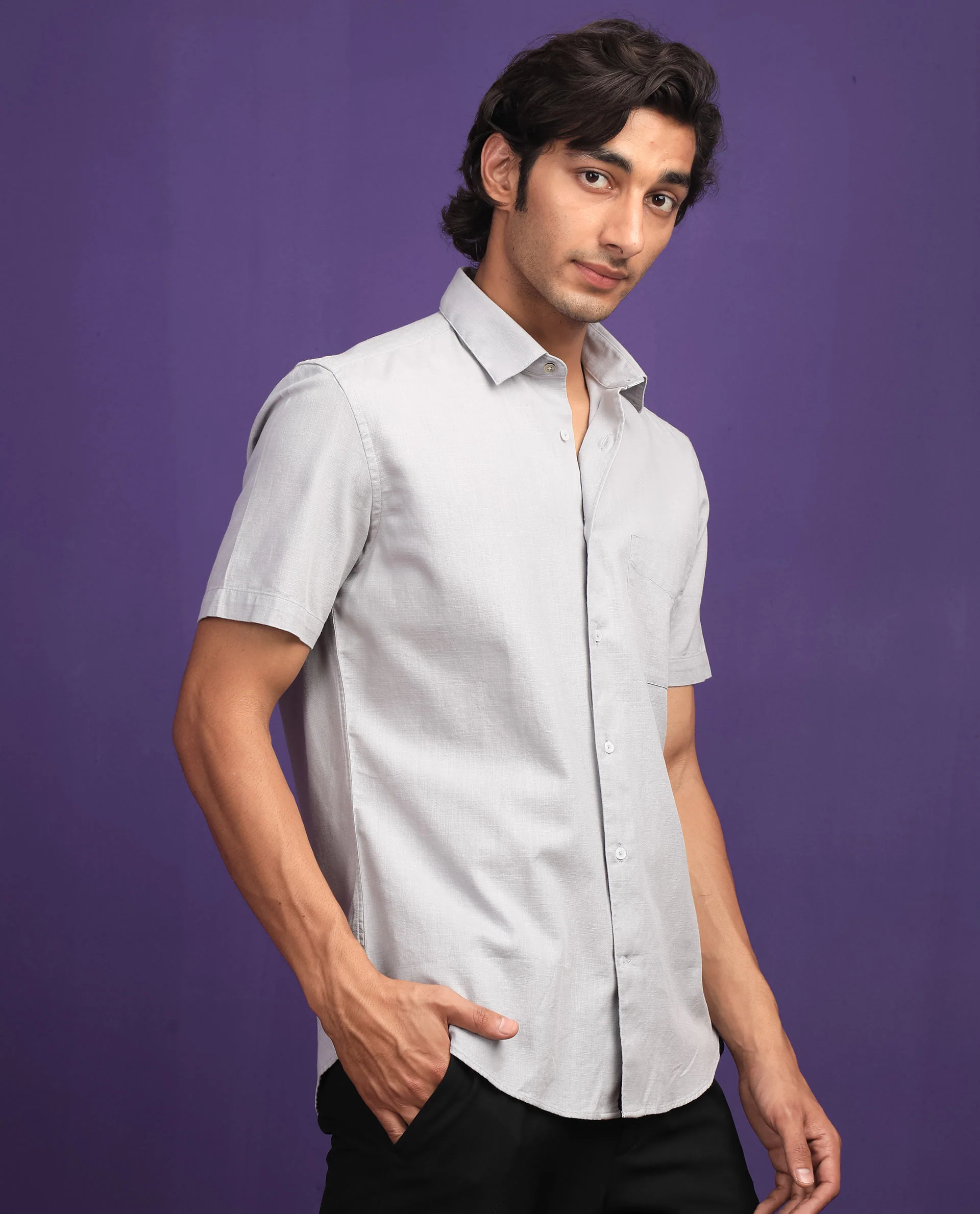 Rare Rabbit Men's Darwin - Grey Cotton Plain Regular Fit Half Sleeve Spread Collar Shirt - Image 6