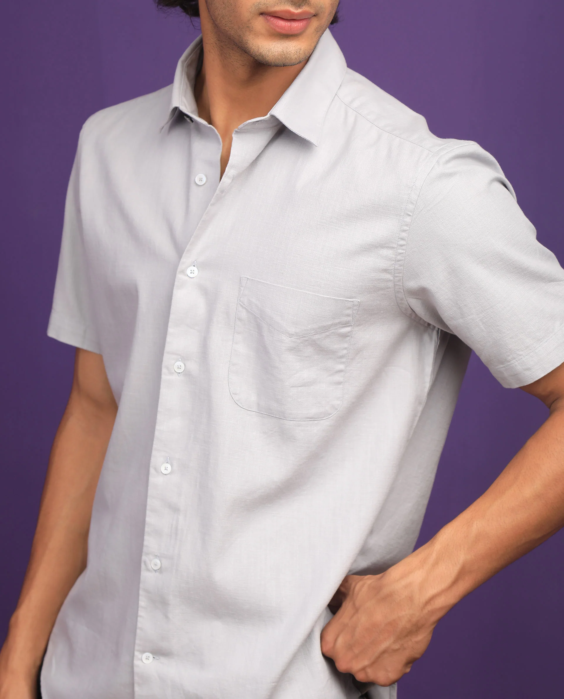 Rare Rabbit Men's Darwin - Grey Cotton Plain Regular Fit Half Sleeve Spread Collar Shirt - Image 7